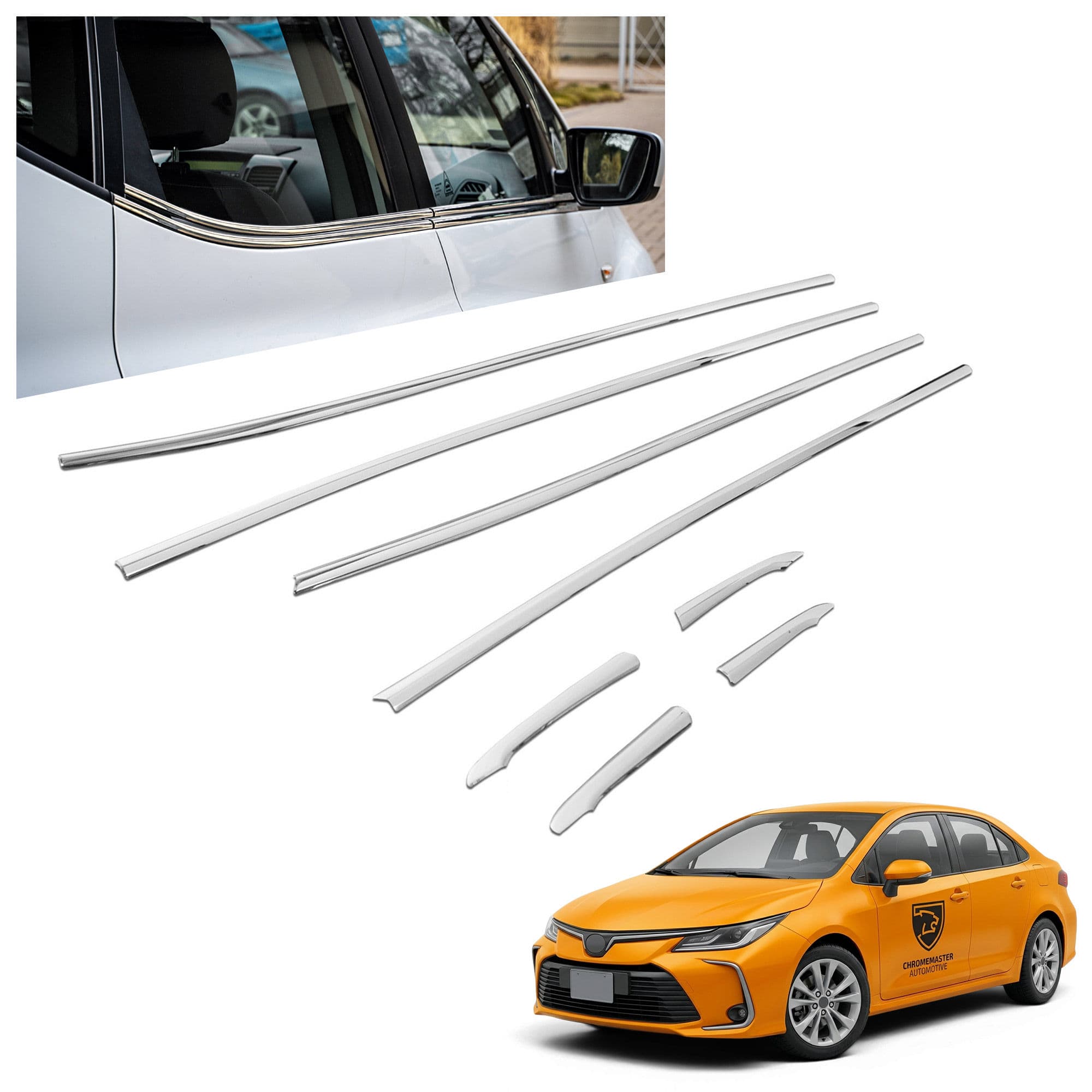 Lower side window trims — Chrome, Stainless steel, Polished