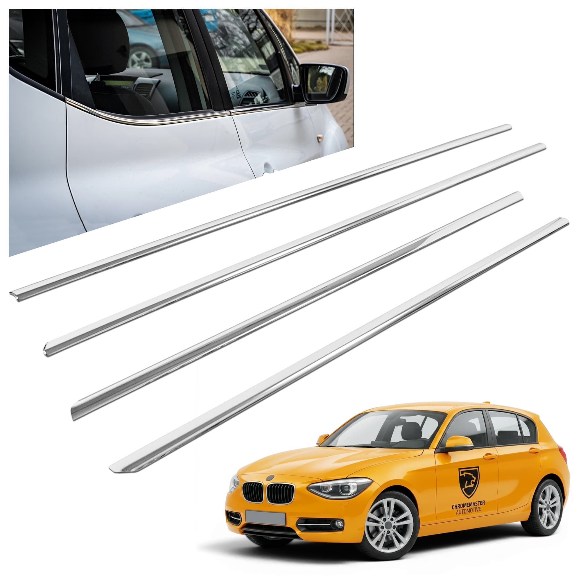 Lower side window trims — Chrome, Stainless steel, Polished