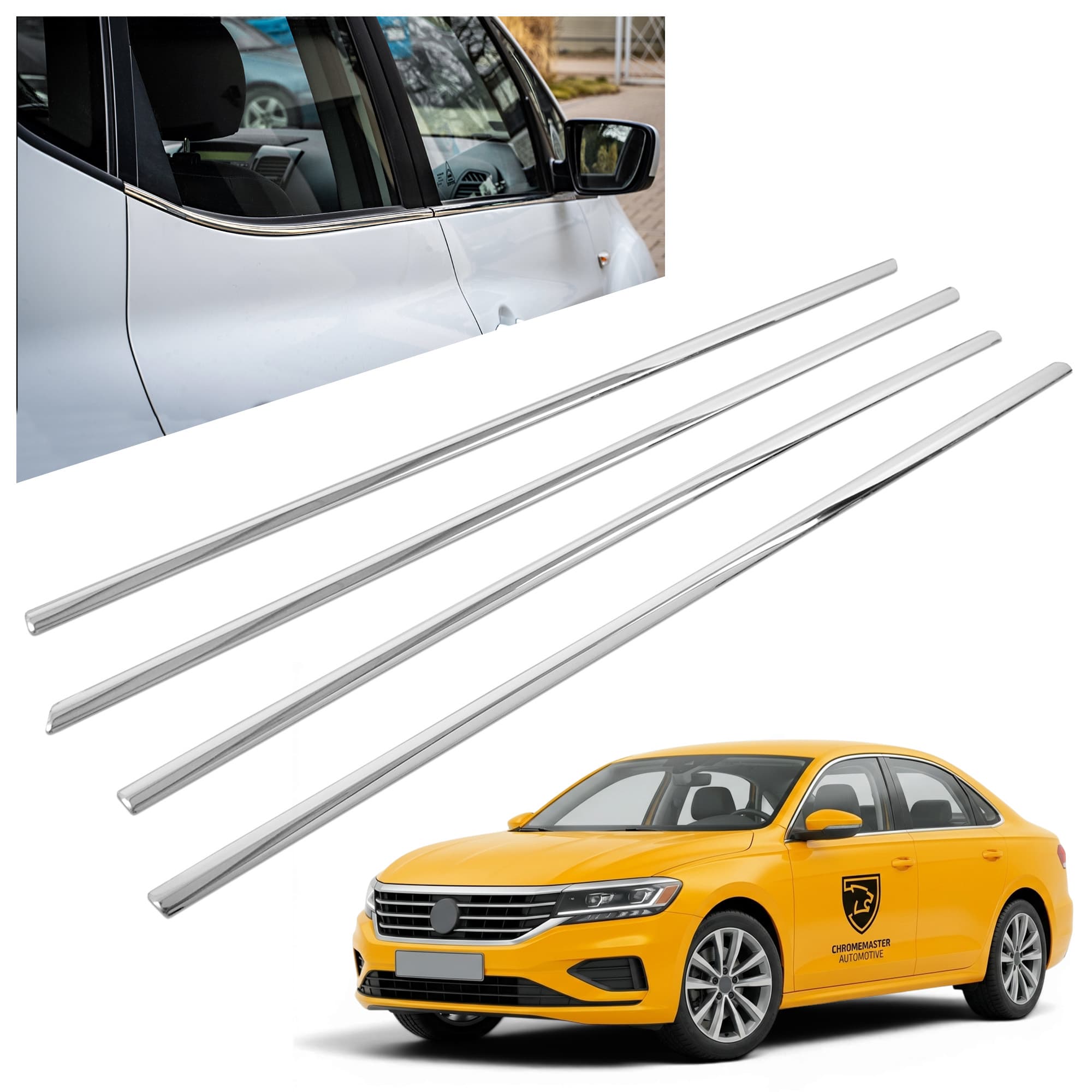 Lower side window trims — Chrome, Stainless steel, Polished