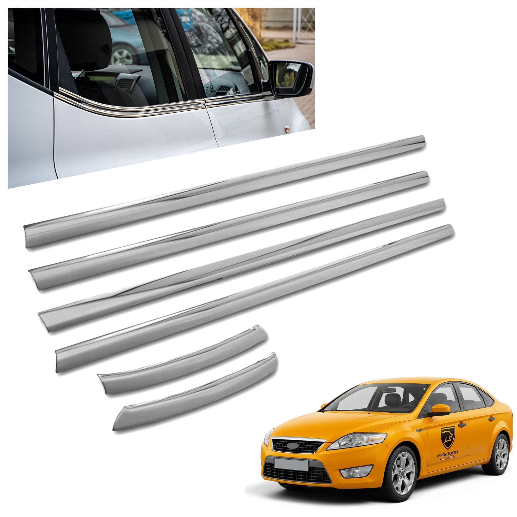 Moulures sous vitres latérales — Chrome, Acier inoxydable, Poli