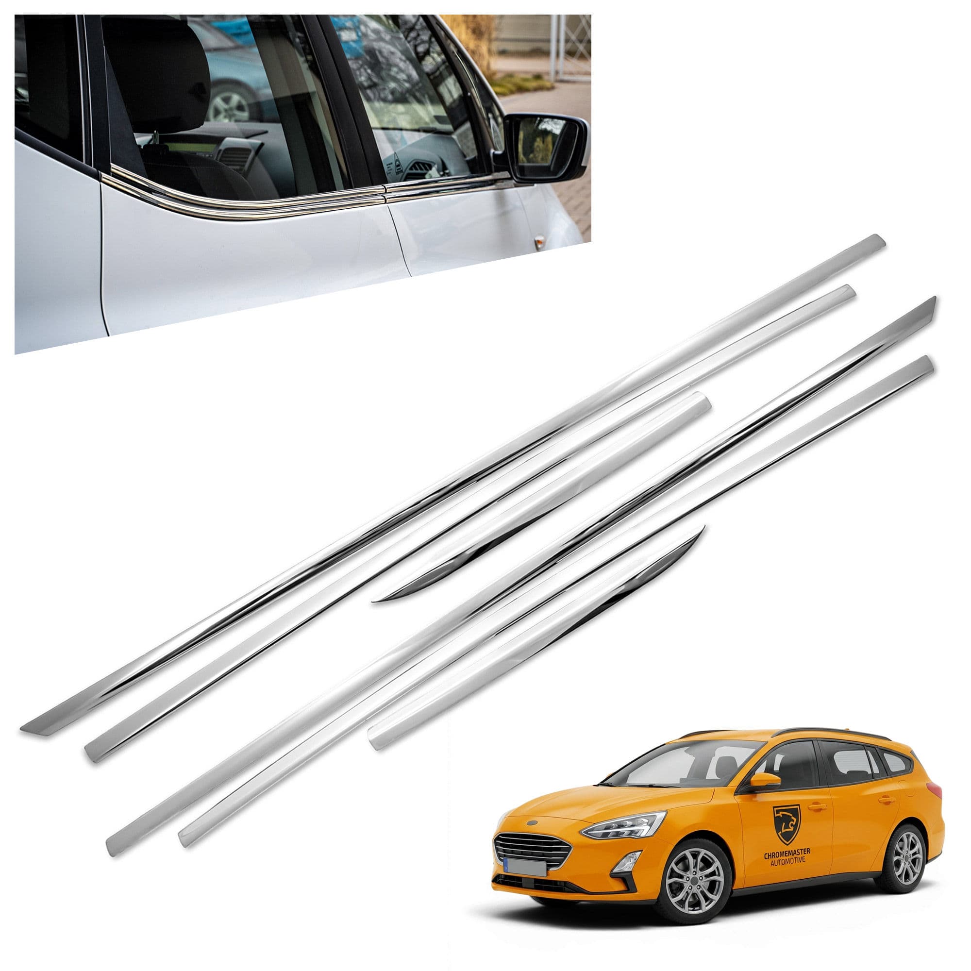 Moulures sous vitres latérales — Chrome, Acier inoxydable, Poli