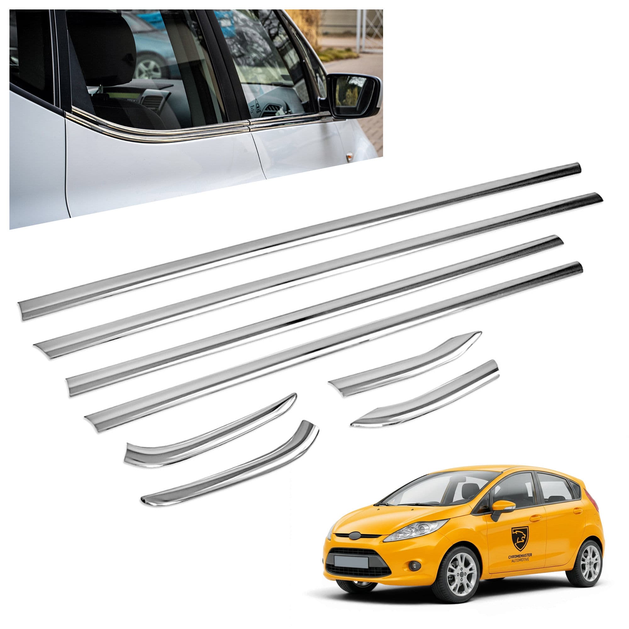 Moulures sous vitres latérales — Chrome, Acier inoxydable, Poli