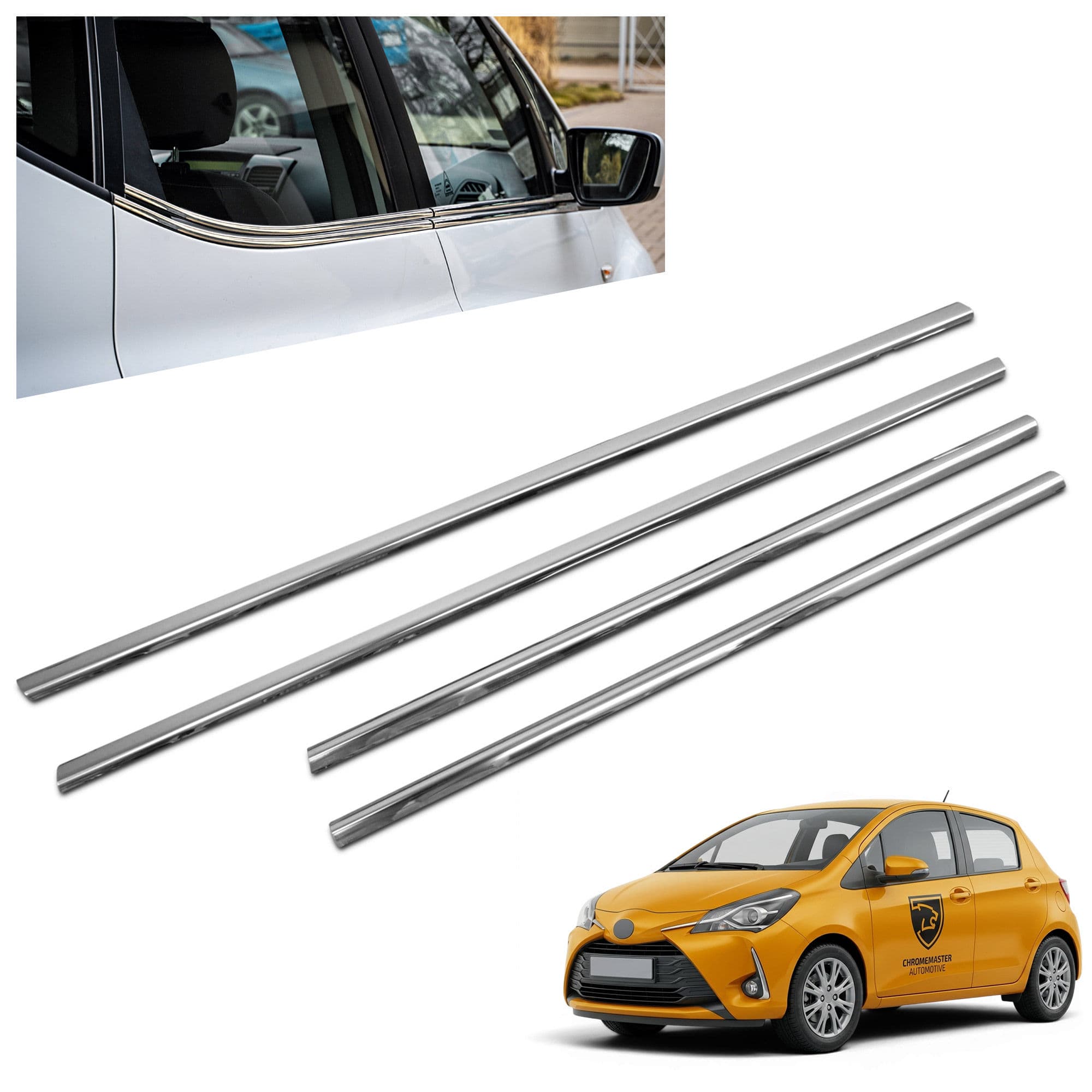 Lower side window trims — Chrome, Stainless steel, Polished