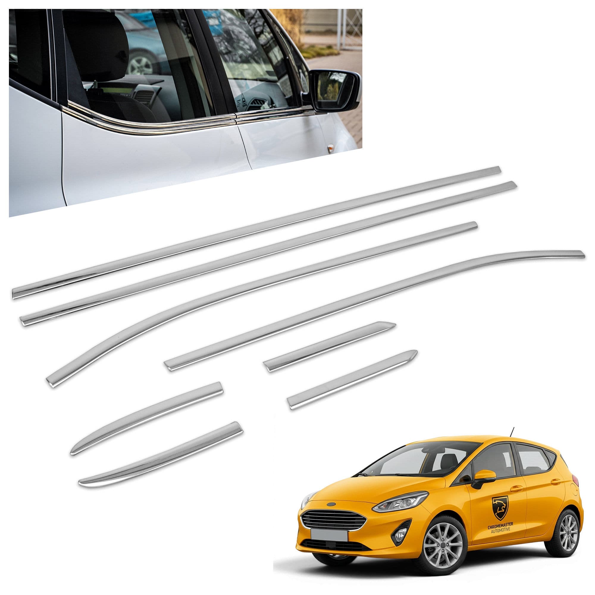 Moulures sous vitres latérales — Chrome, Acier inoxydable, Poli