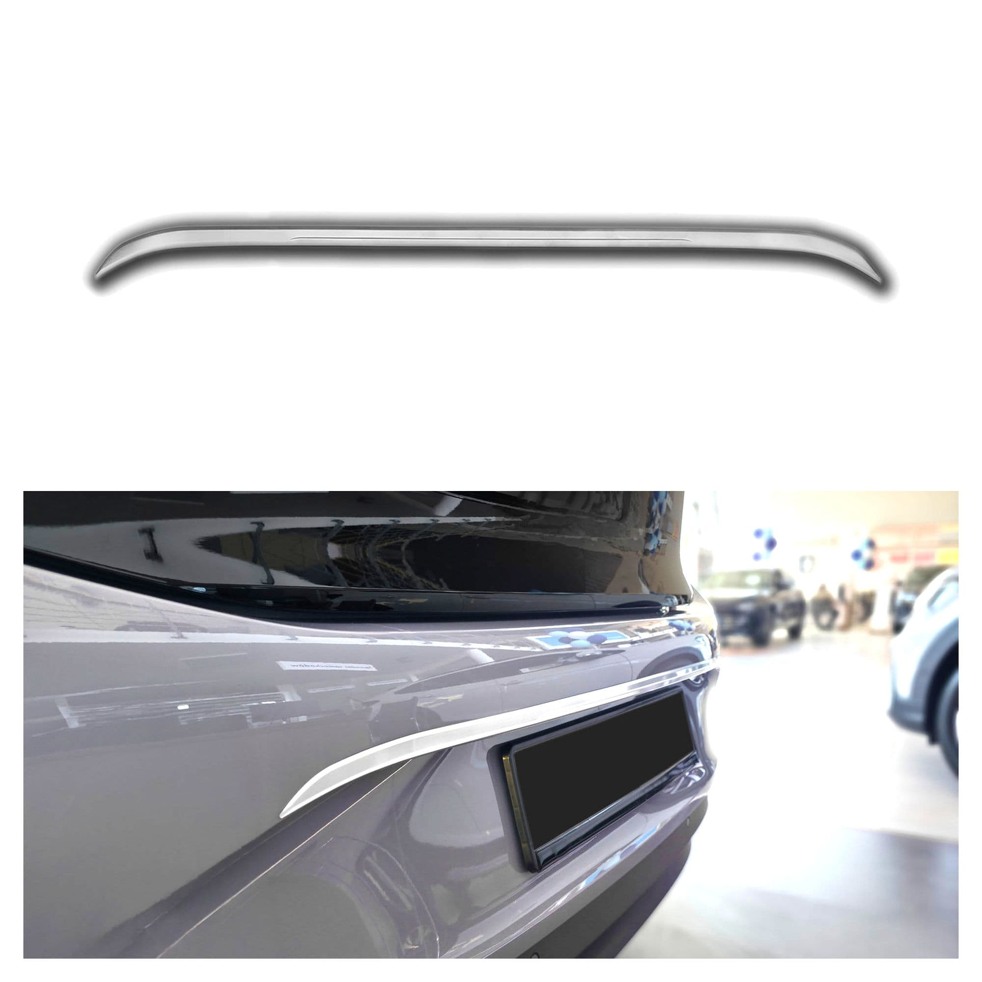 Rear tailgate trim above the license plate — Silver, Stainless steel, Brushed