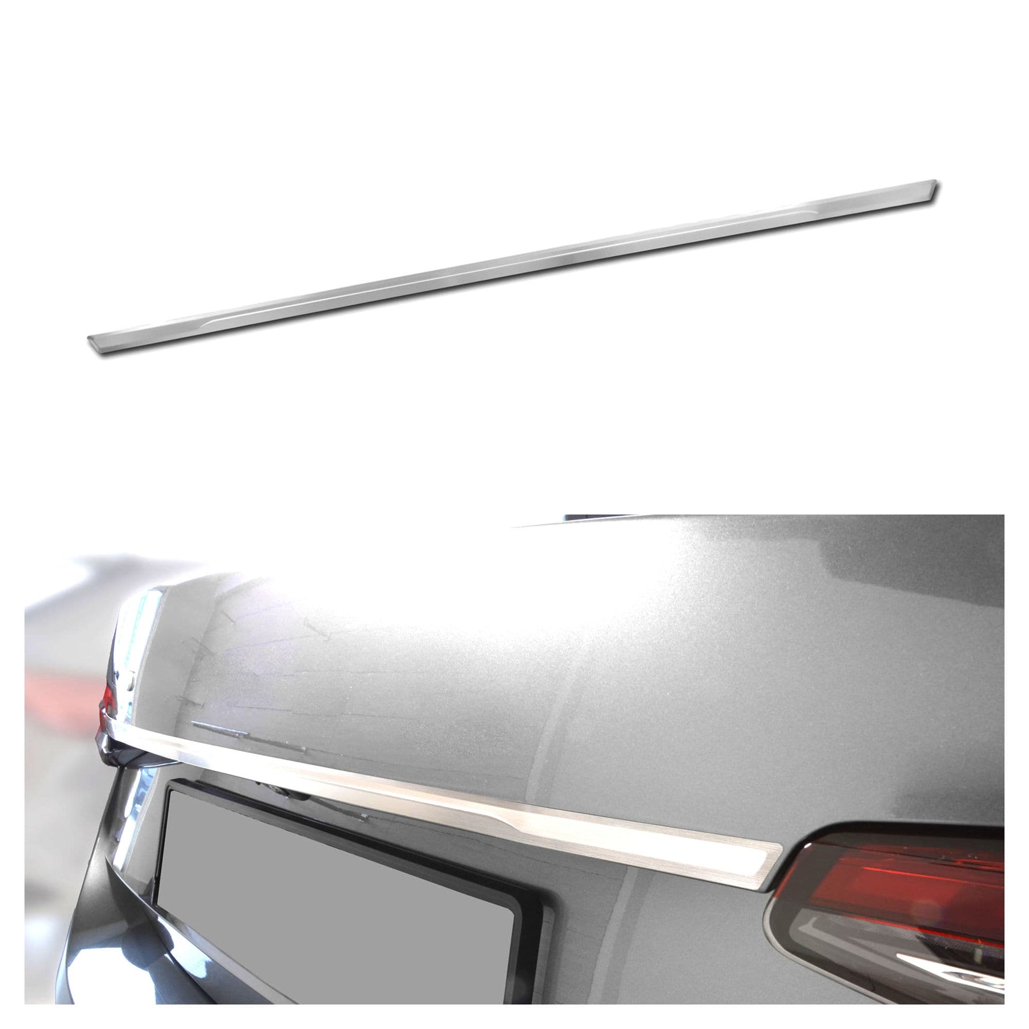 Rear tailgate trim above the license plate — Silver, Stainless steel, Brushed