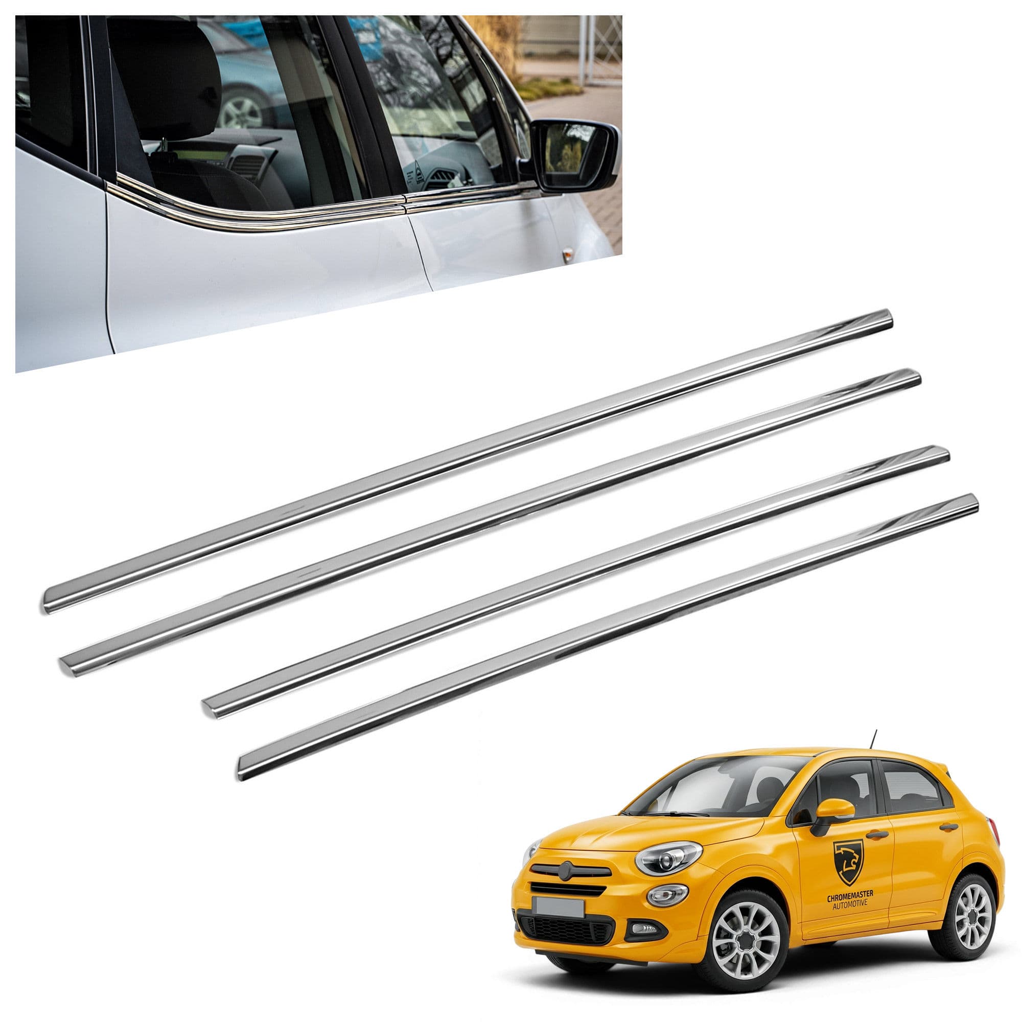Lower side window trims — Chrome, Stainless steel, Polished