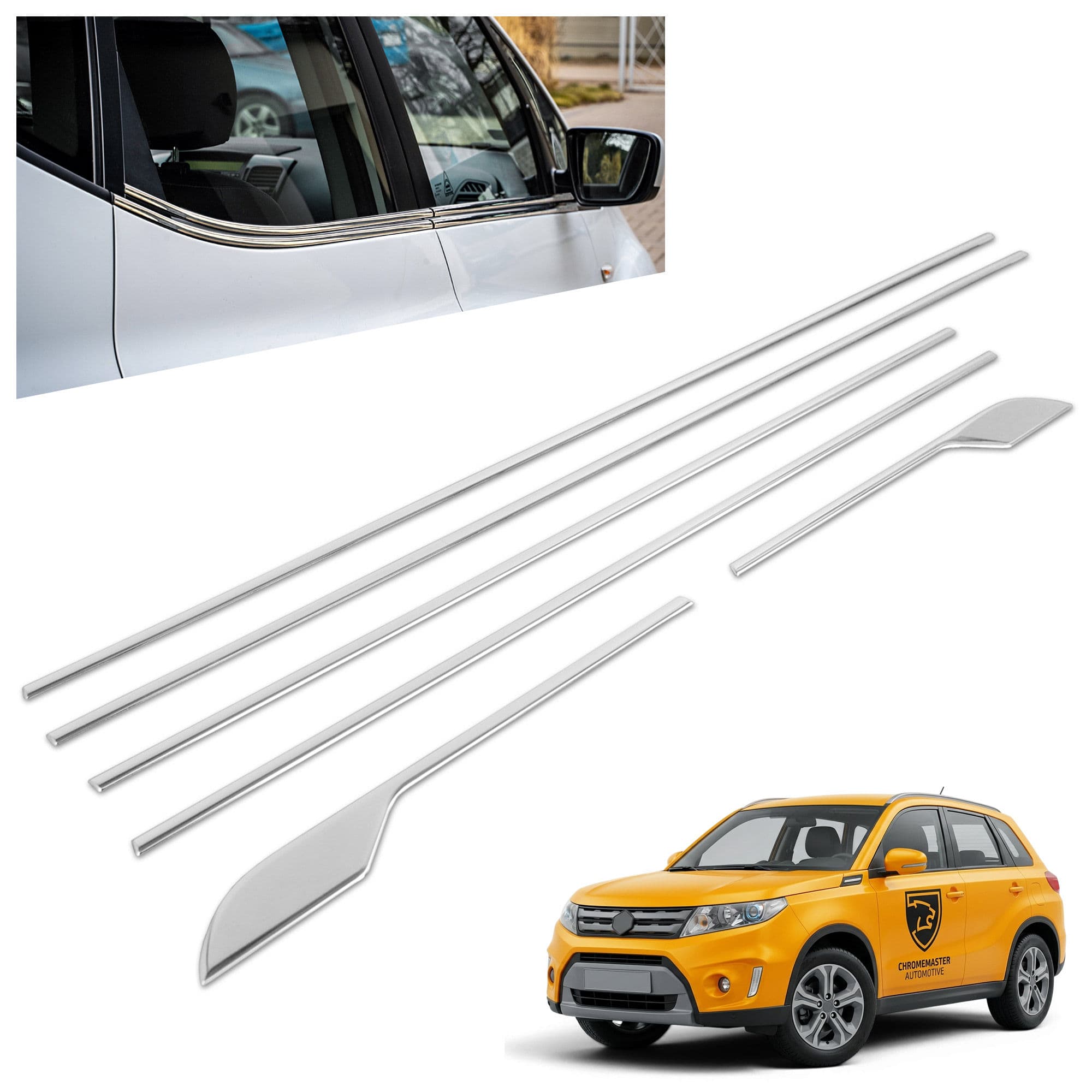 Lower side window trims — Chrome, Stainless steel, Polished