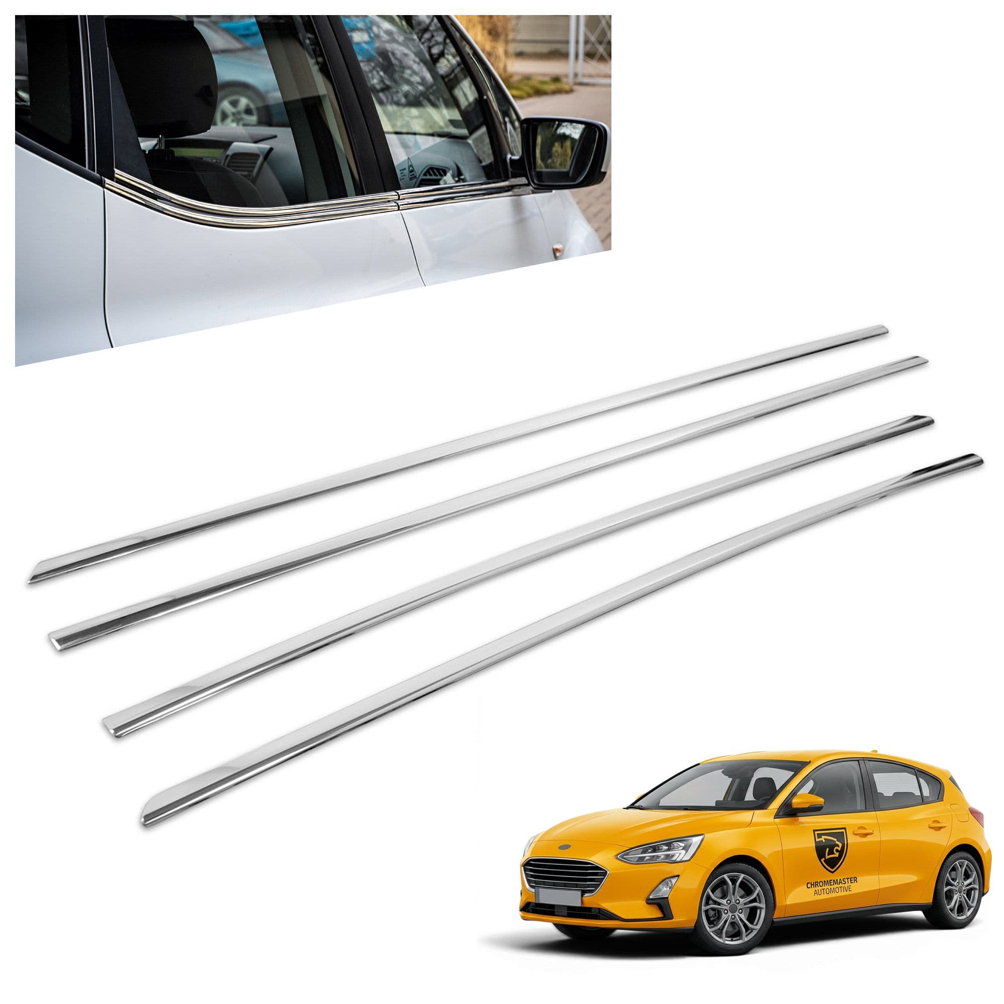 Moulures sous vitres latérales — Chrome, Acier inoxydable, Poli