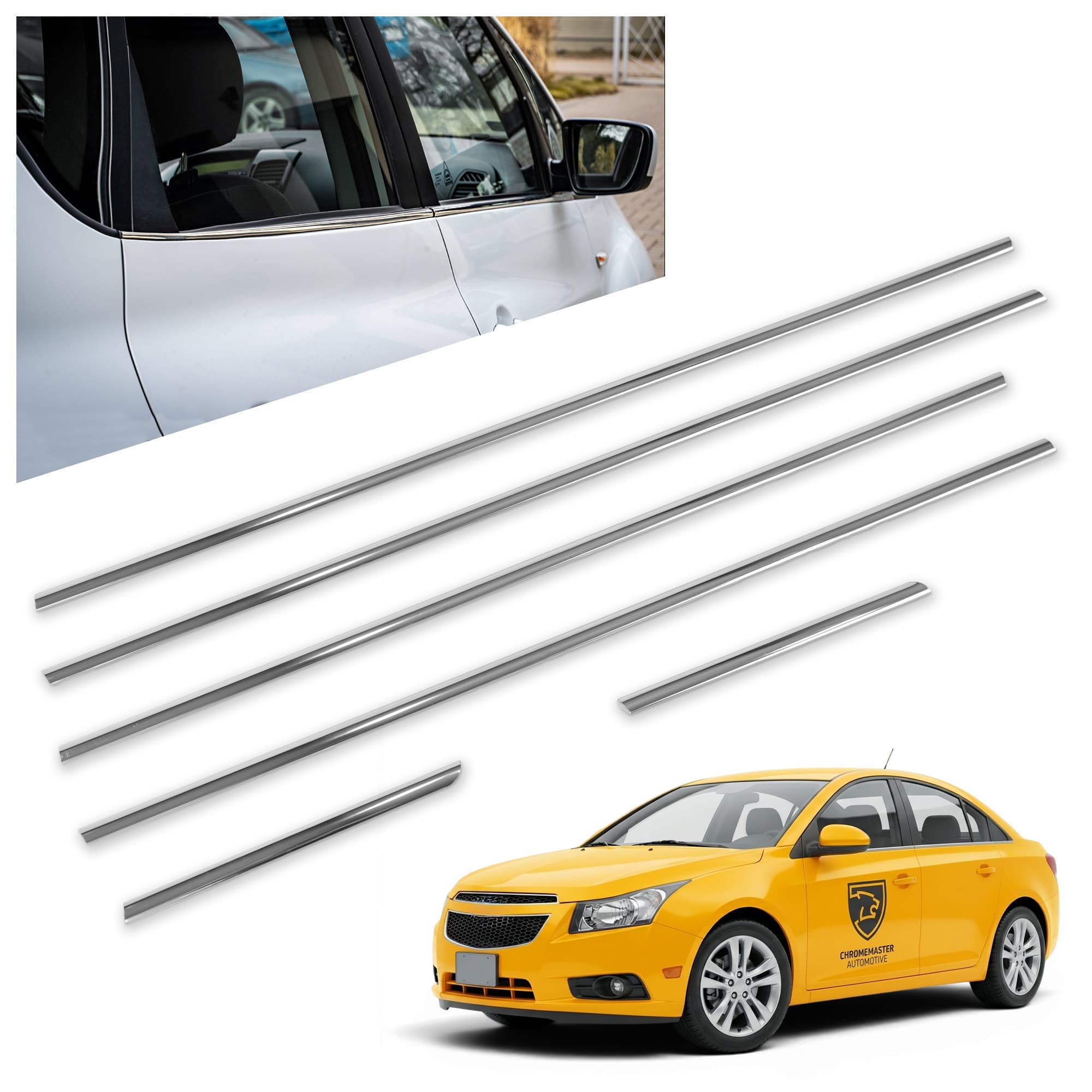 Lower side window trims — Chrome, Stainless steel, Polished