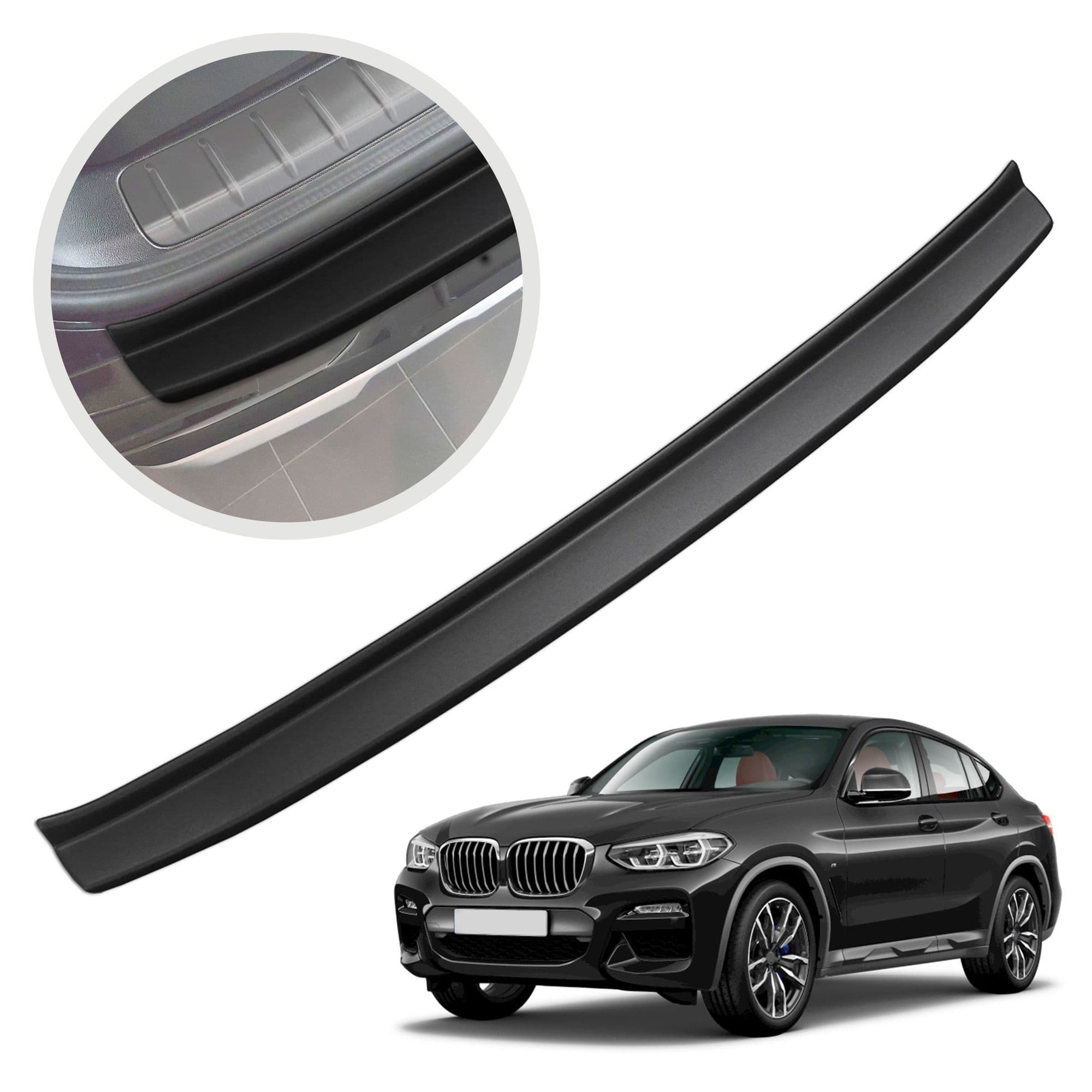 Rear bumper trim — Black, ABS plastic, Matte