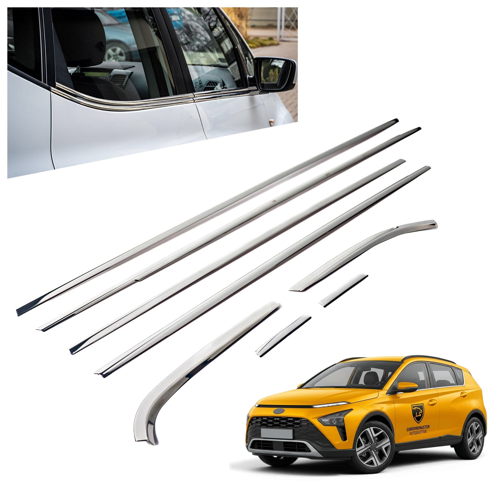 Moulures sous vitres latérales — Chrome, Acier inoxydable, Poli