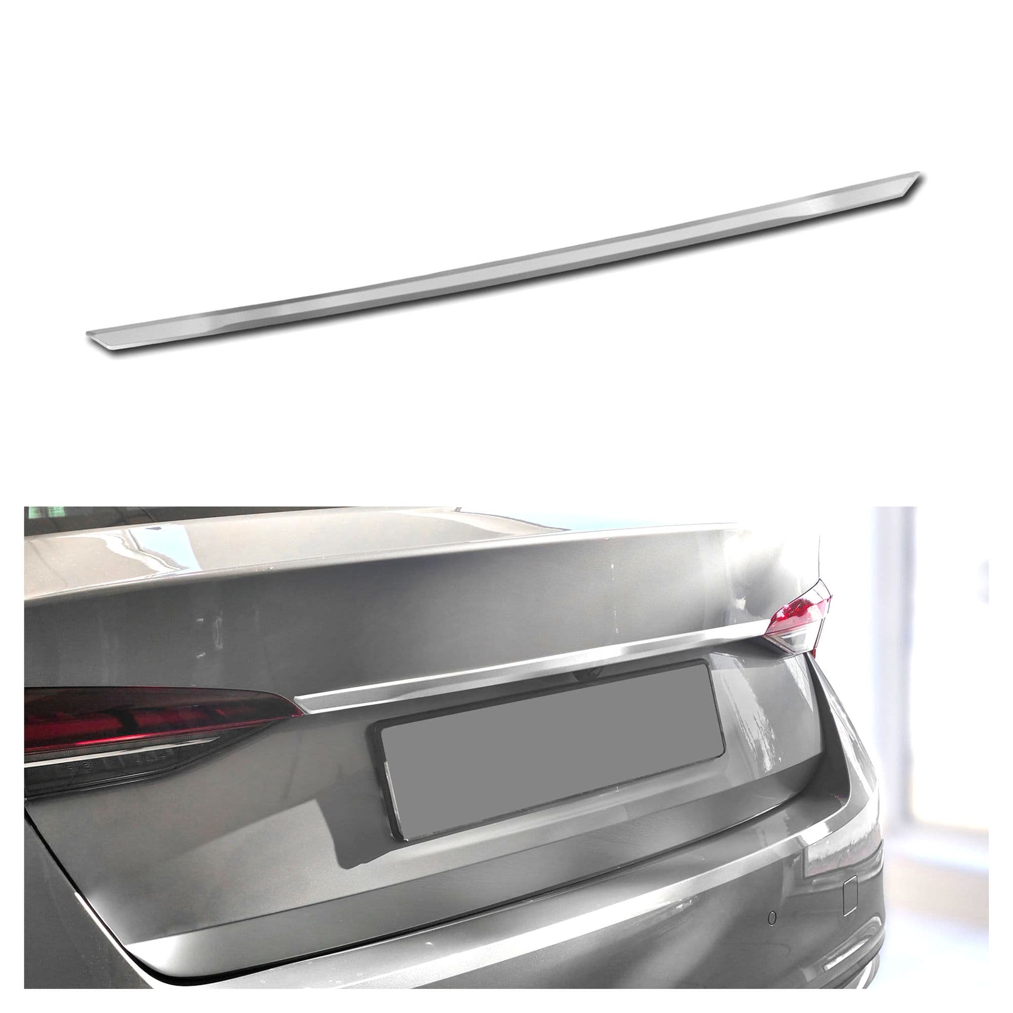 Rear tailgate trim above the license plate — Silver, Stainless steel, Brushed