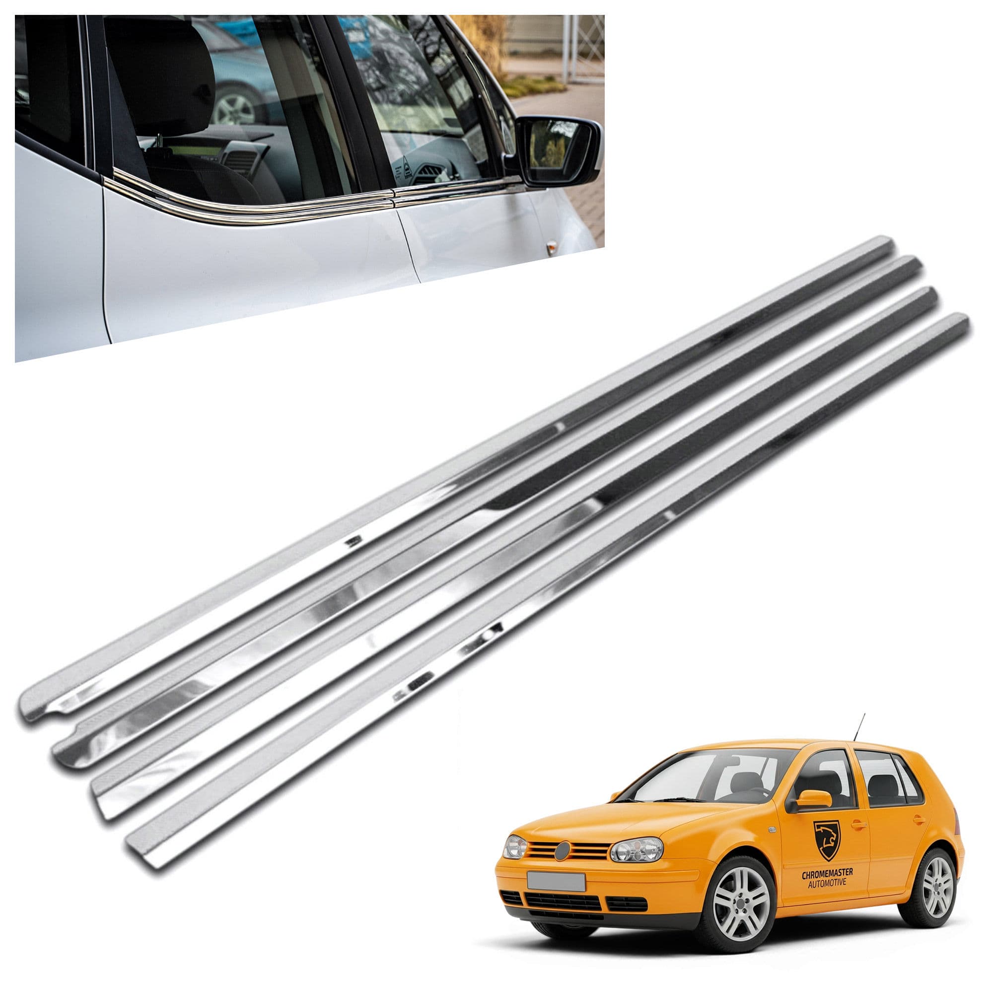 Lower side window trims — Chrome, Stainless steel, Polished