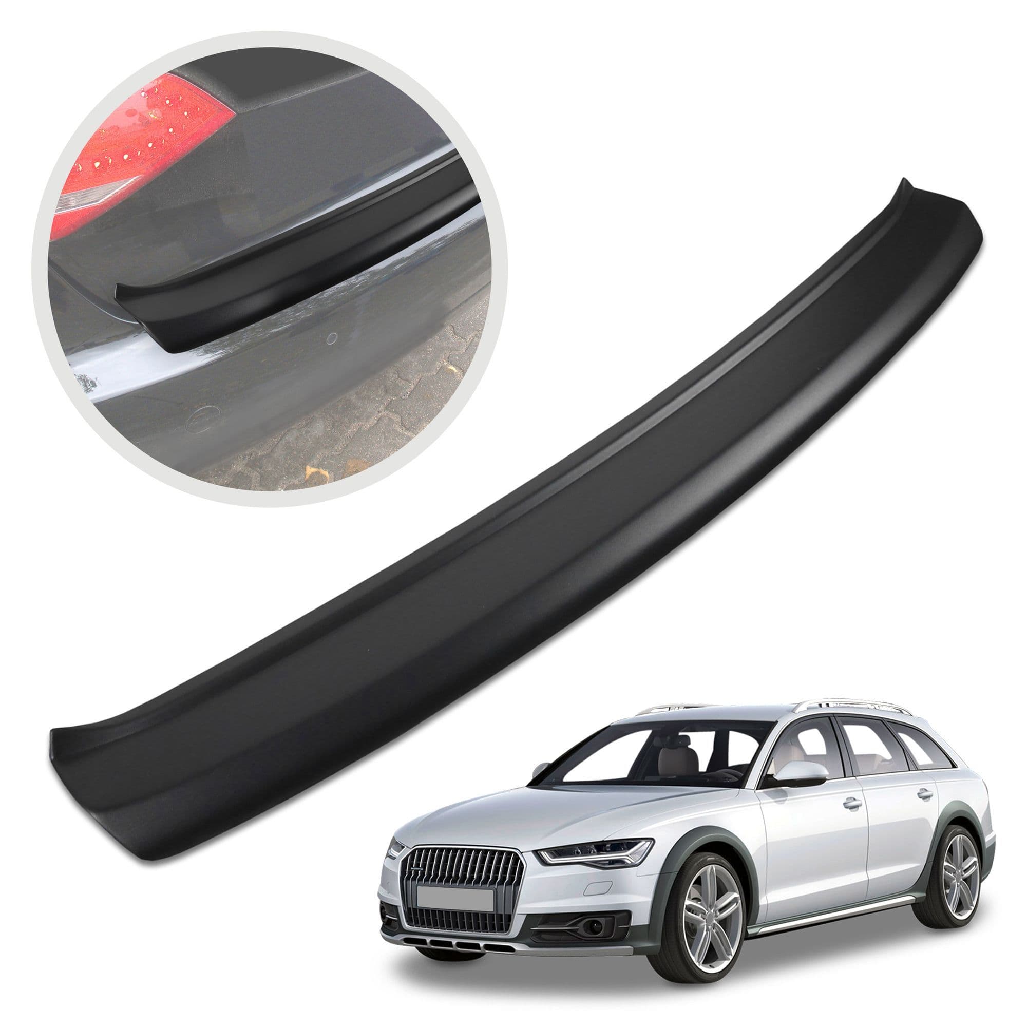 Rear bumper trim — Black, ABS plastic, Matte