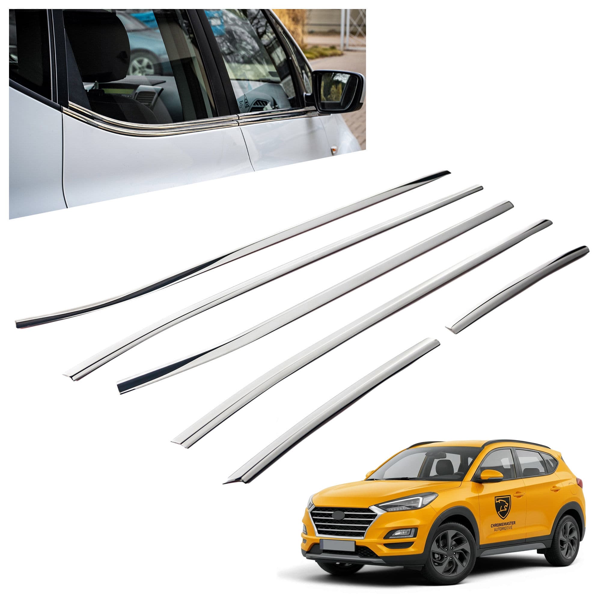 Moulures sous vitres latérales — Chrome, Acier inoxydable, Poli