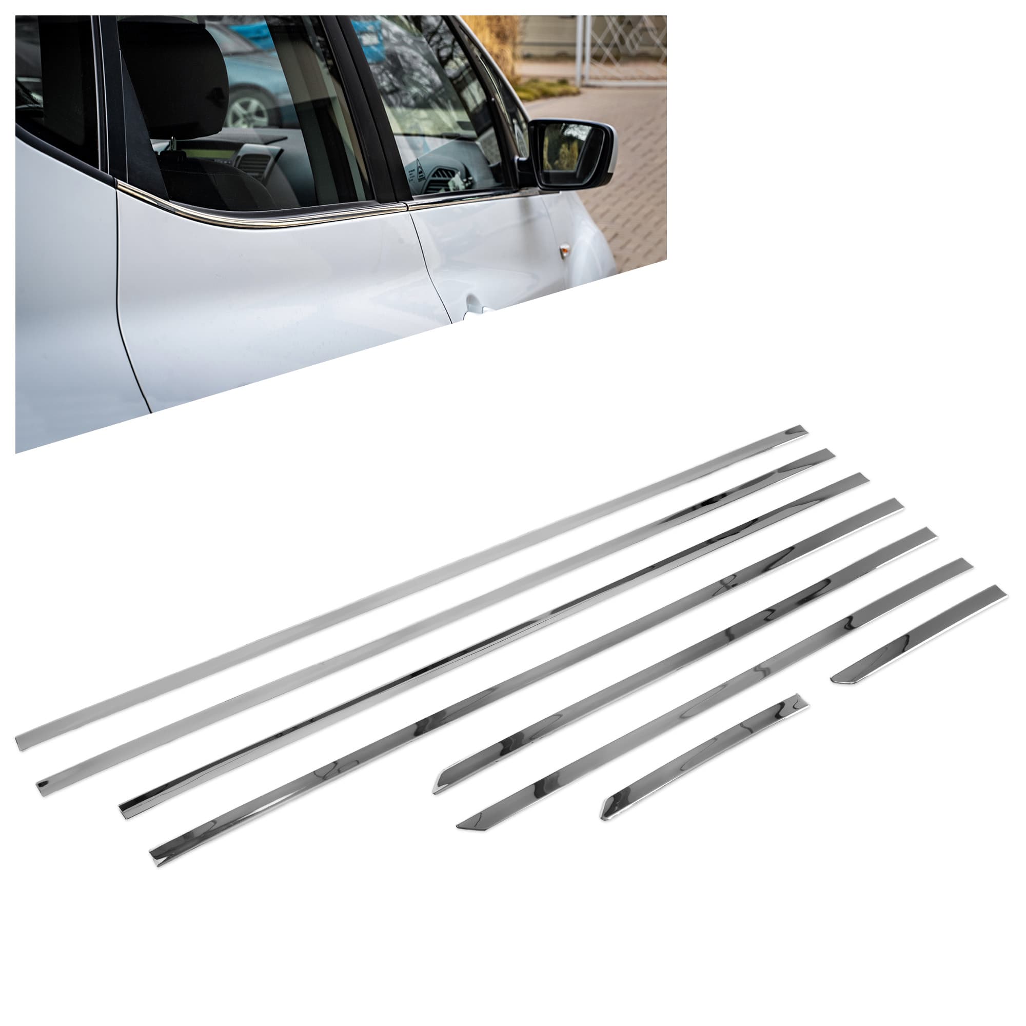 Moulures sous vitres latérales — Chrome, Acier inoxydable, Poli