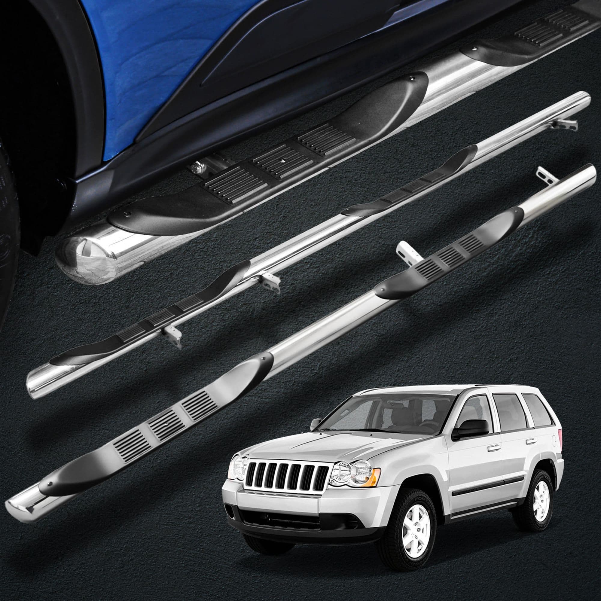 Side bars with steps BB005 — Chrome, Steel, Polished