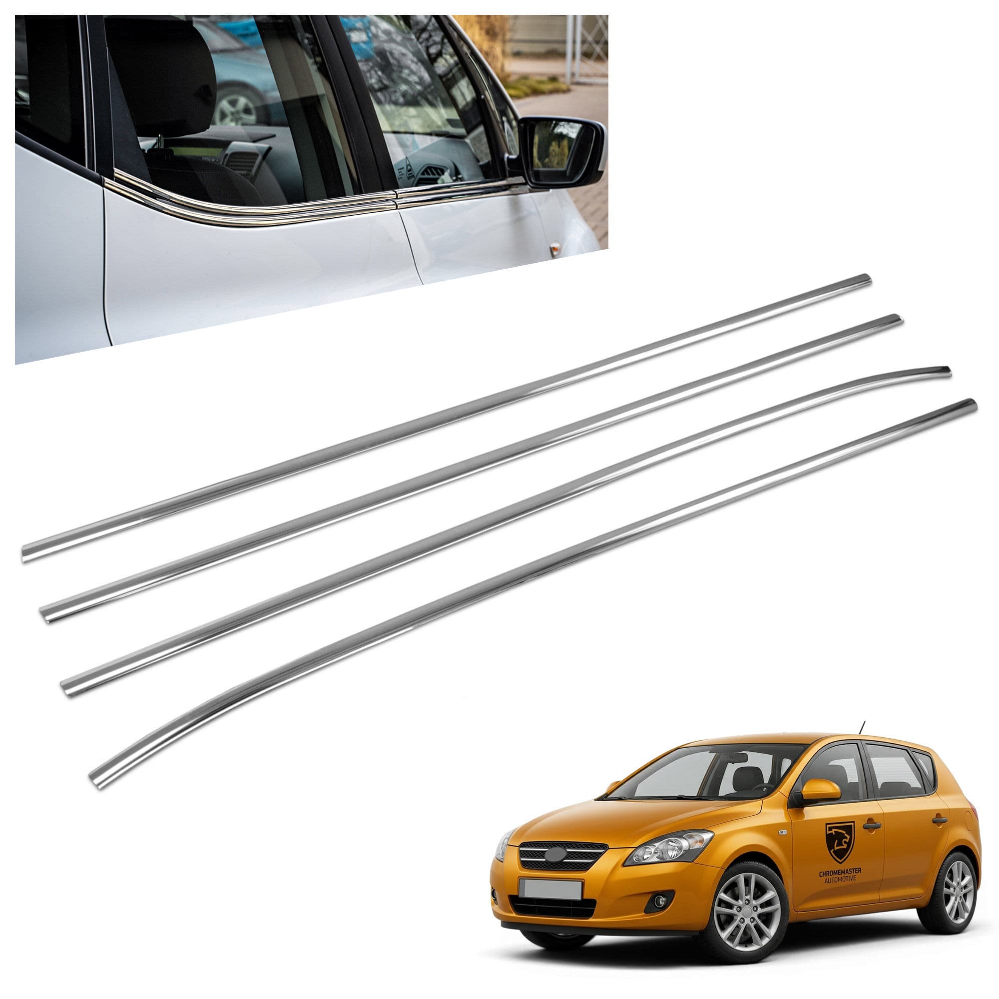 Moulures sous vitres latérales — Chrome, Acier inoxydable, Poli
