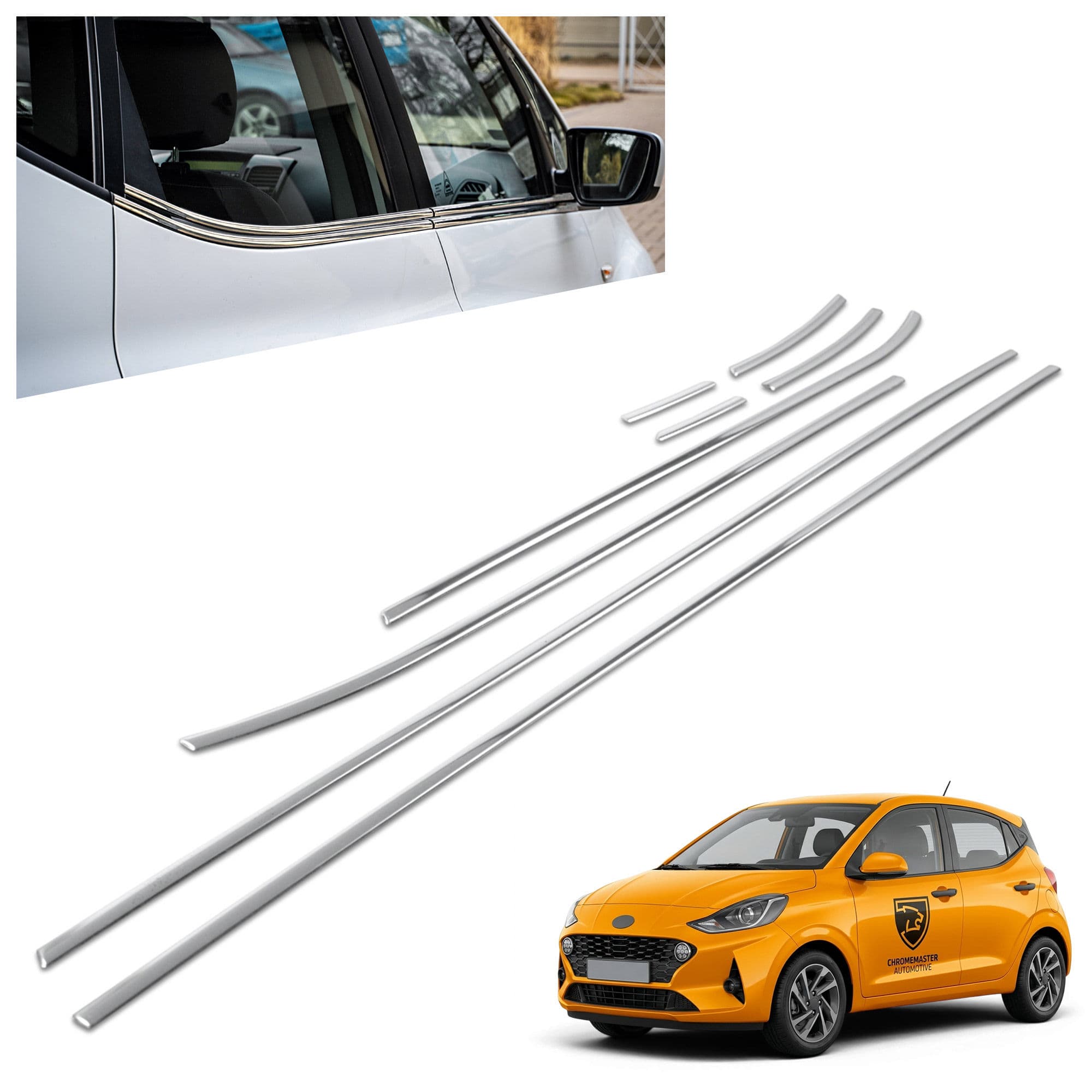 Moulures sous vitres latérales — Chrome, Acier inoxydable, Poli