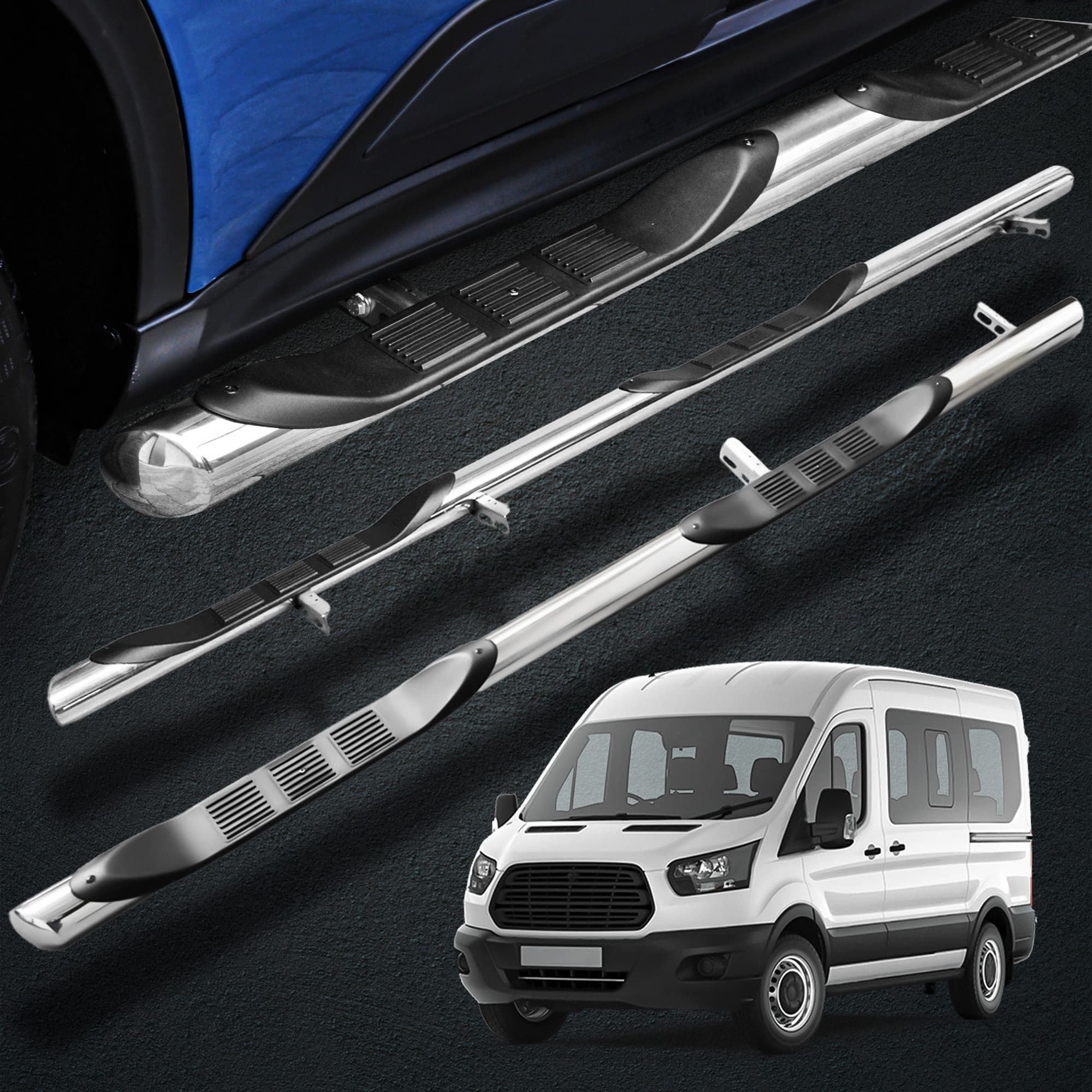 Side bars with steps BB005 — Chrome, Steel, Polished