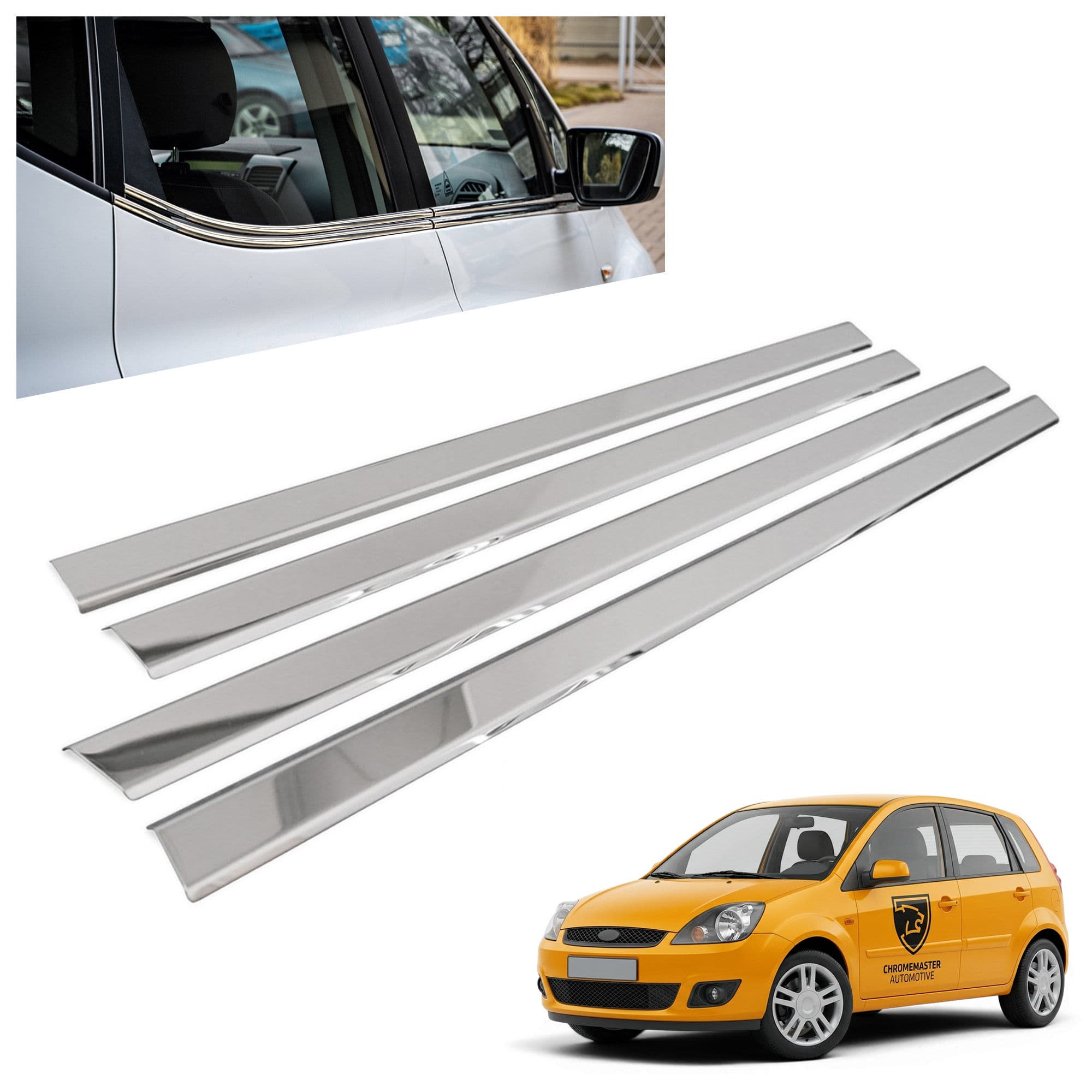 Lower side window trims — Chrome, Stainless steel, Polished