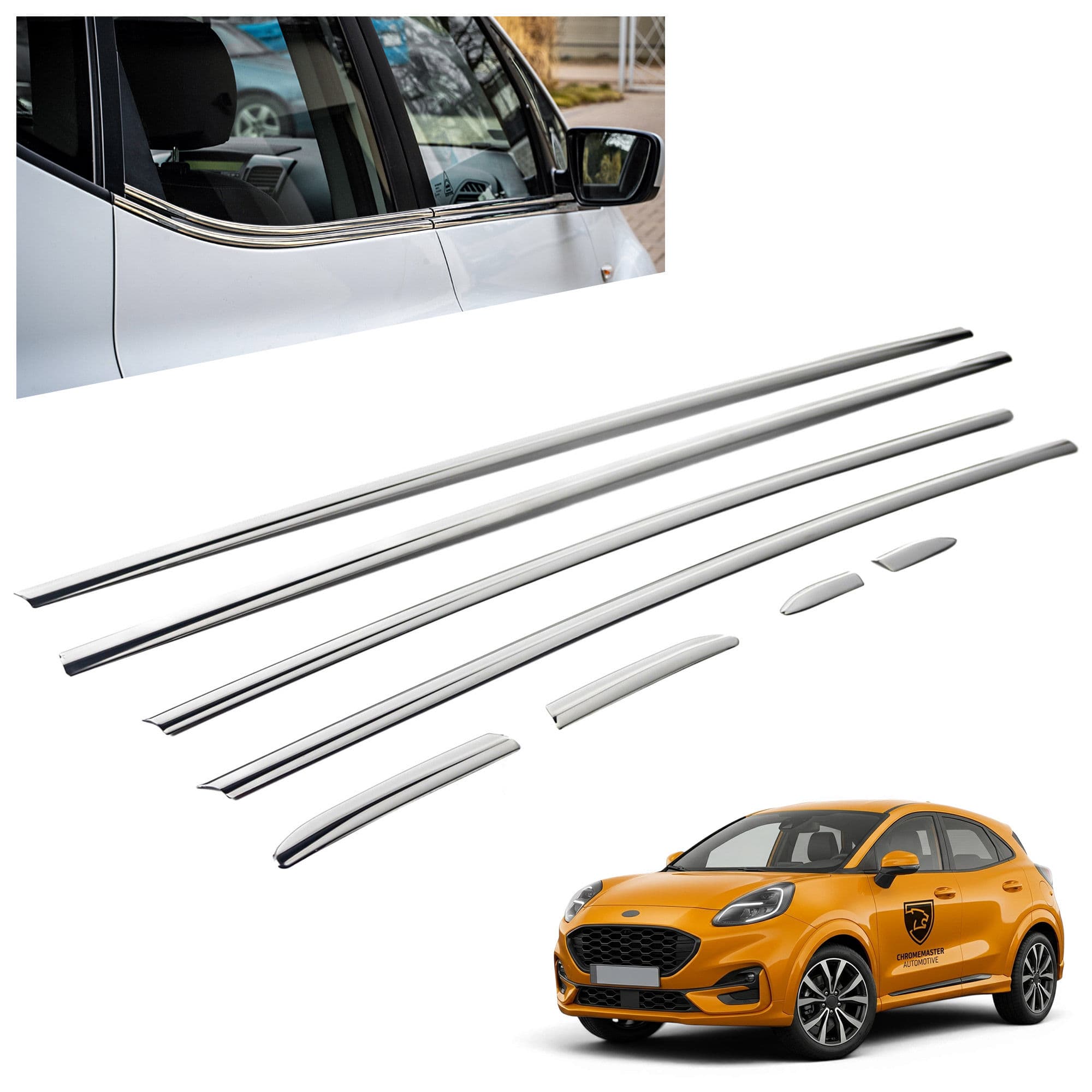 Moulures sous vitres latérales — Chrome, Acier inoxydable, Poli