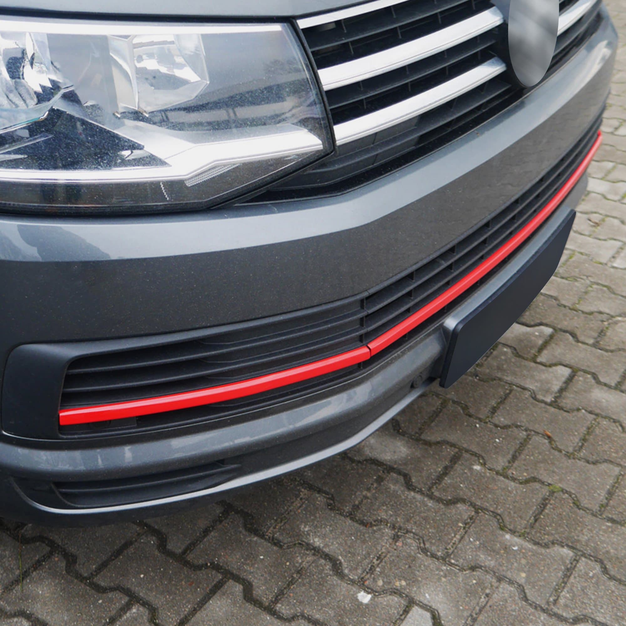 Front bumper grille trims — Red, Stainless steel, Powder-coated