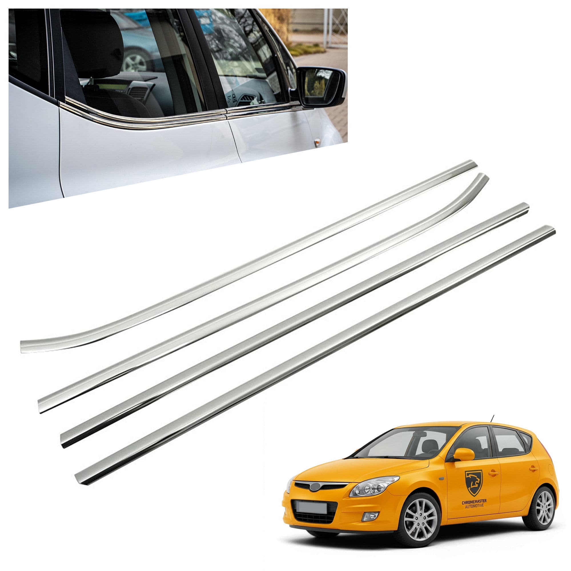 Moulures sous vitres latérales — Chrome, Acier inoxydable, Poli