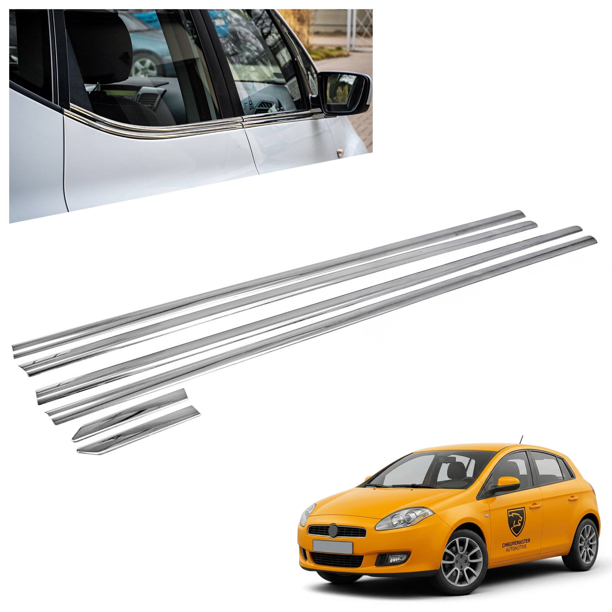 Lower side window trims — Chrome, Stainless steel, Polished