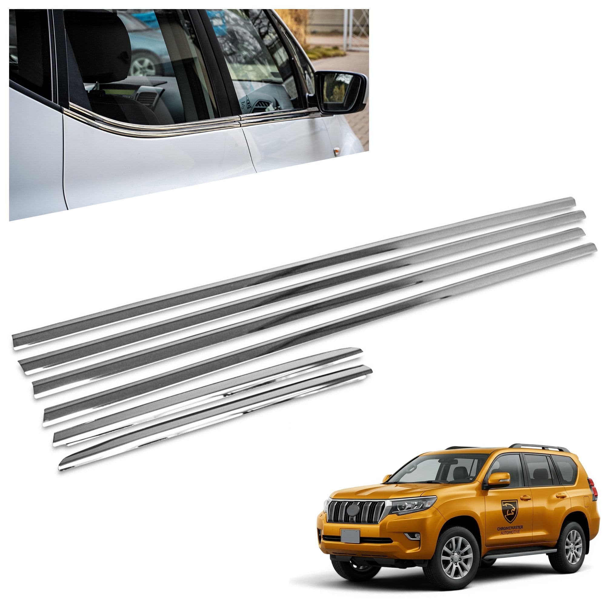 Lower side window trims — Chrome, Stainless steel, Polished