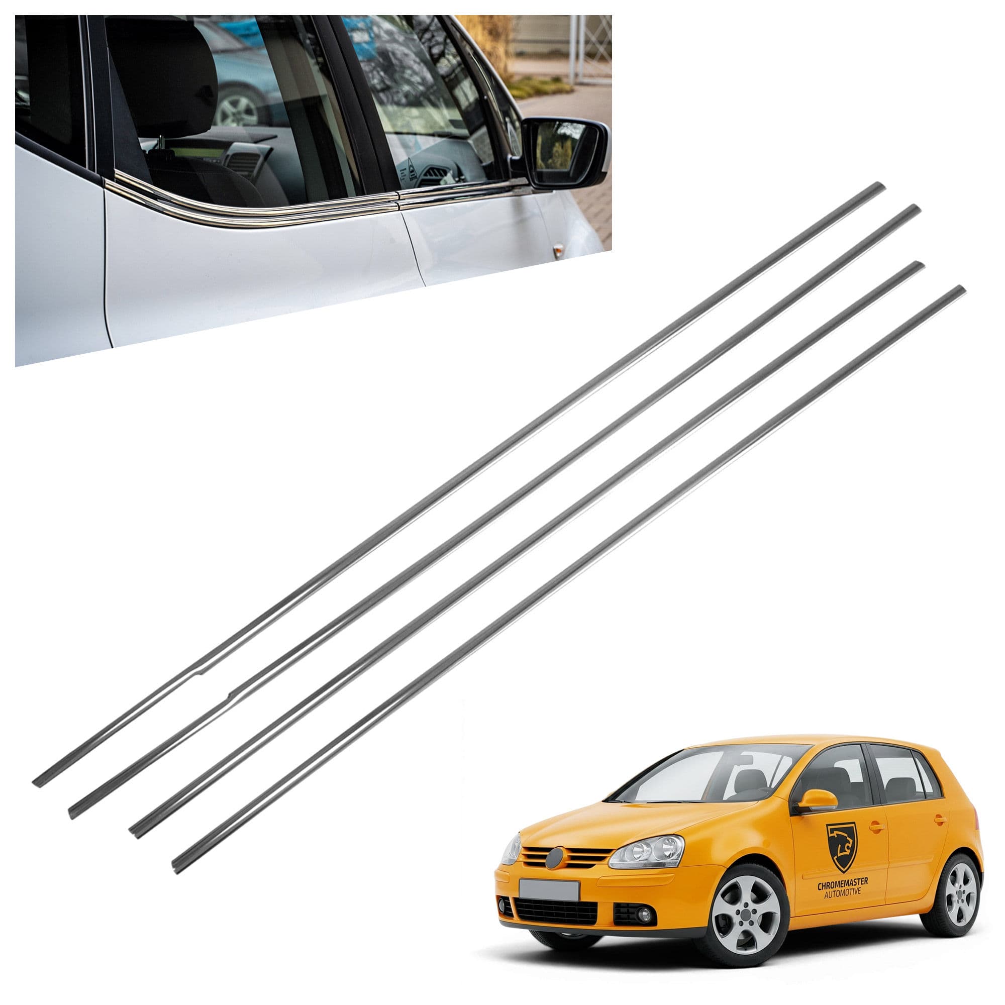 Lower side window trims — Chrome, Stainless steel, Polished