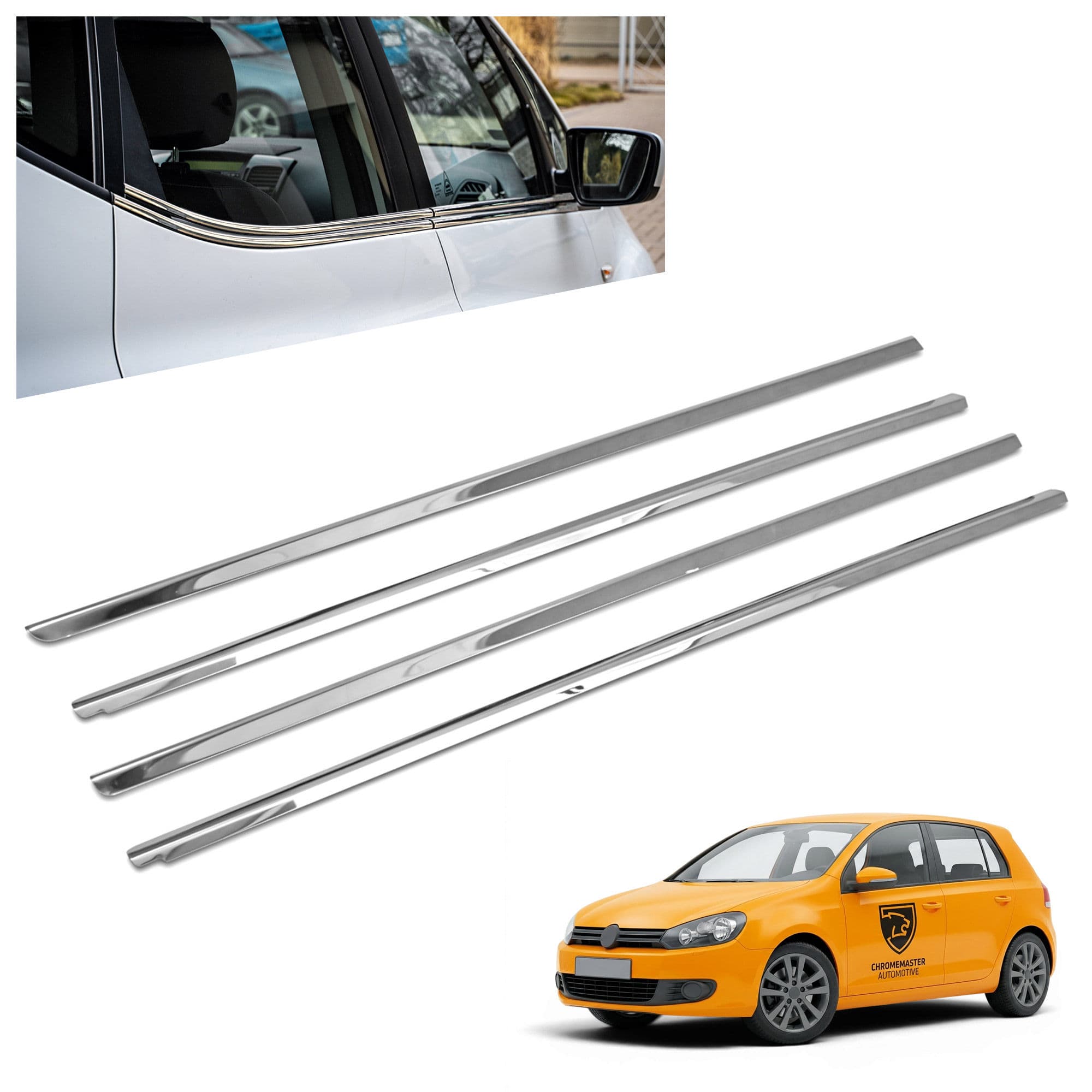 Lower side window trims — Chrome, Stainless steel, Polished