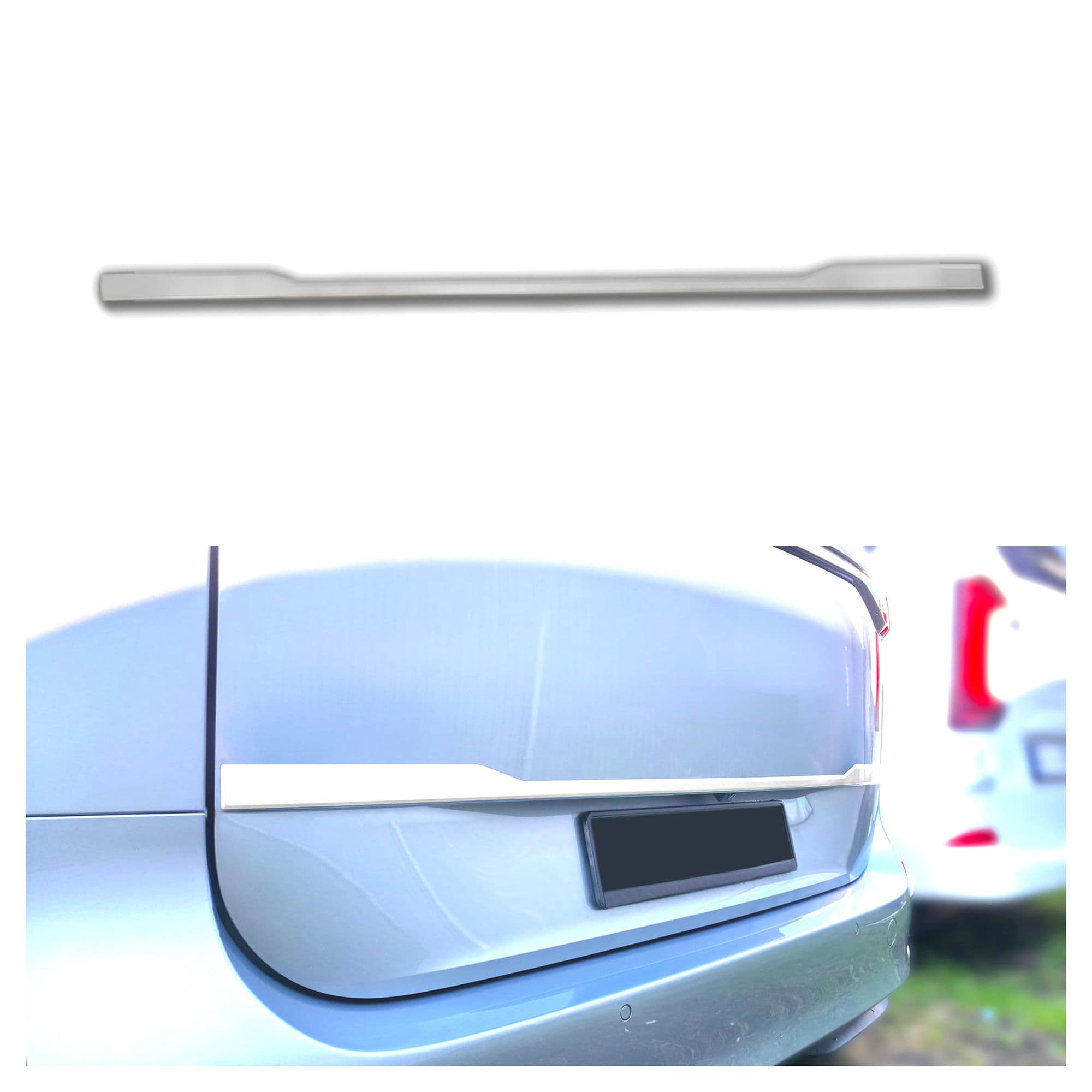 Rear tailgate trim above the license plate — Silver, Stainless steel, Brushed