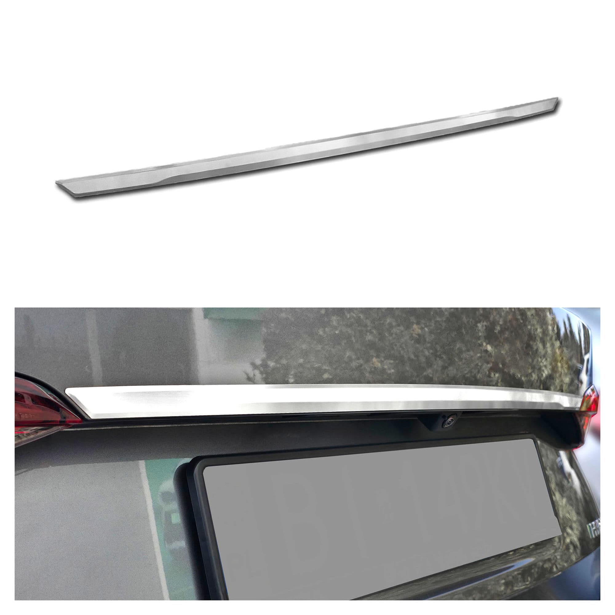 Rear tailgate trim above the license plate — Silver, Stainless steel, Brushed