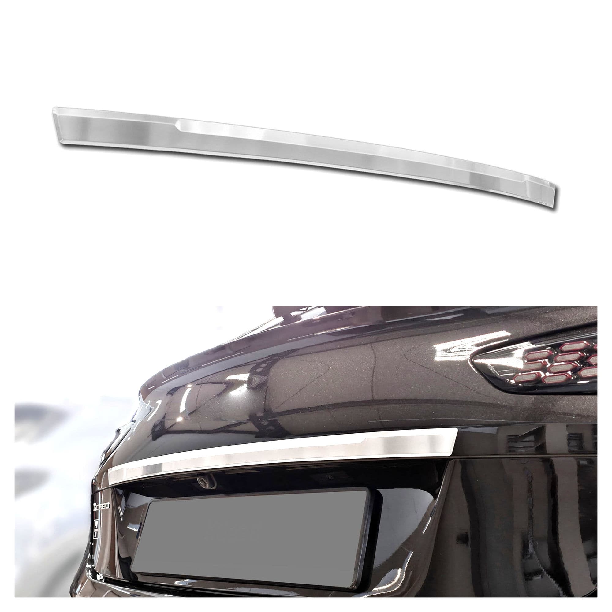 Rear tailgate trim above the license plate — Silver, Stainless steel, Brushed