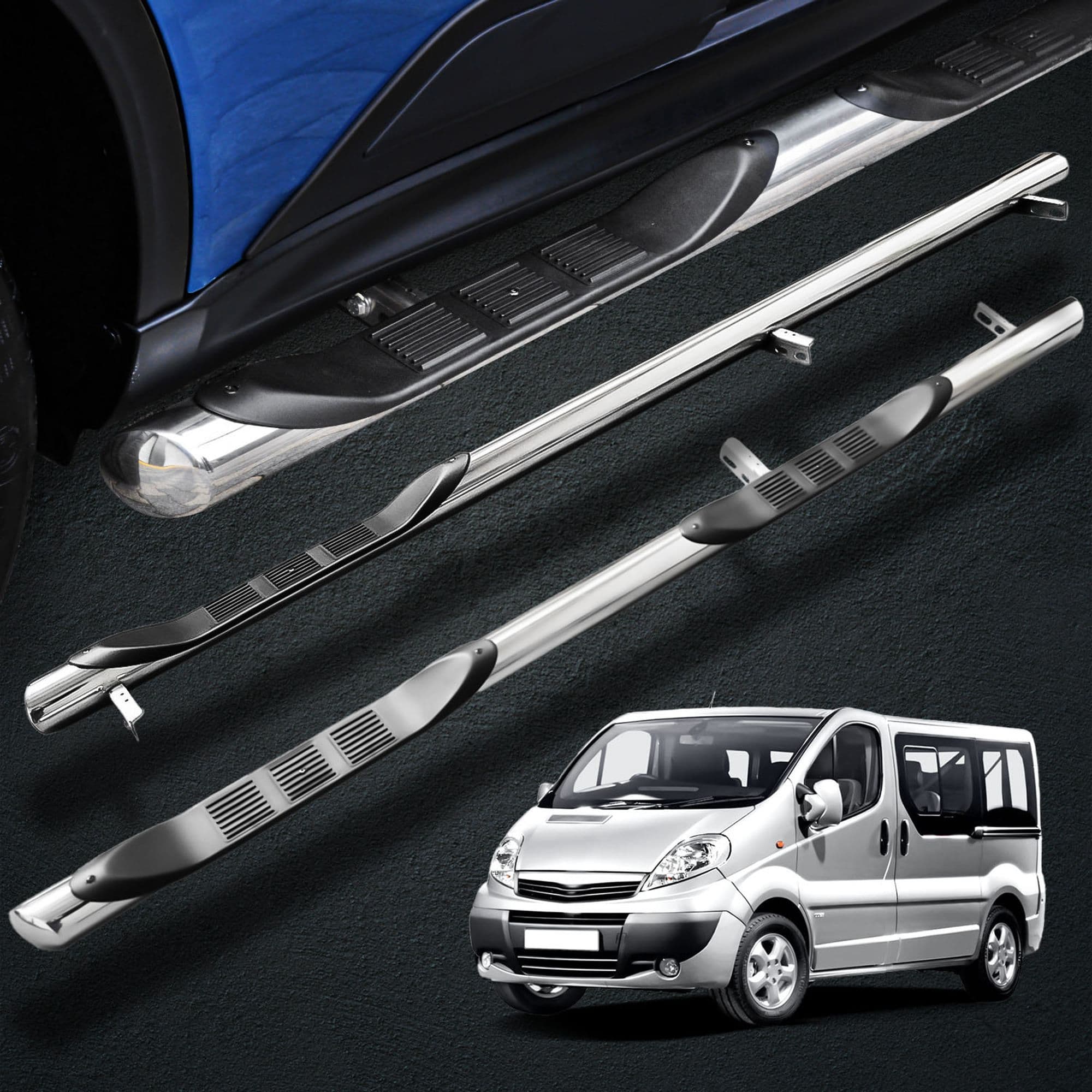 Side bars with steps BB005 — Chrome, Steel, Polished