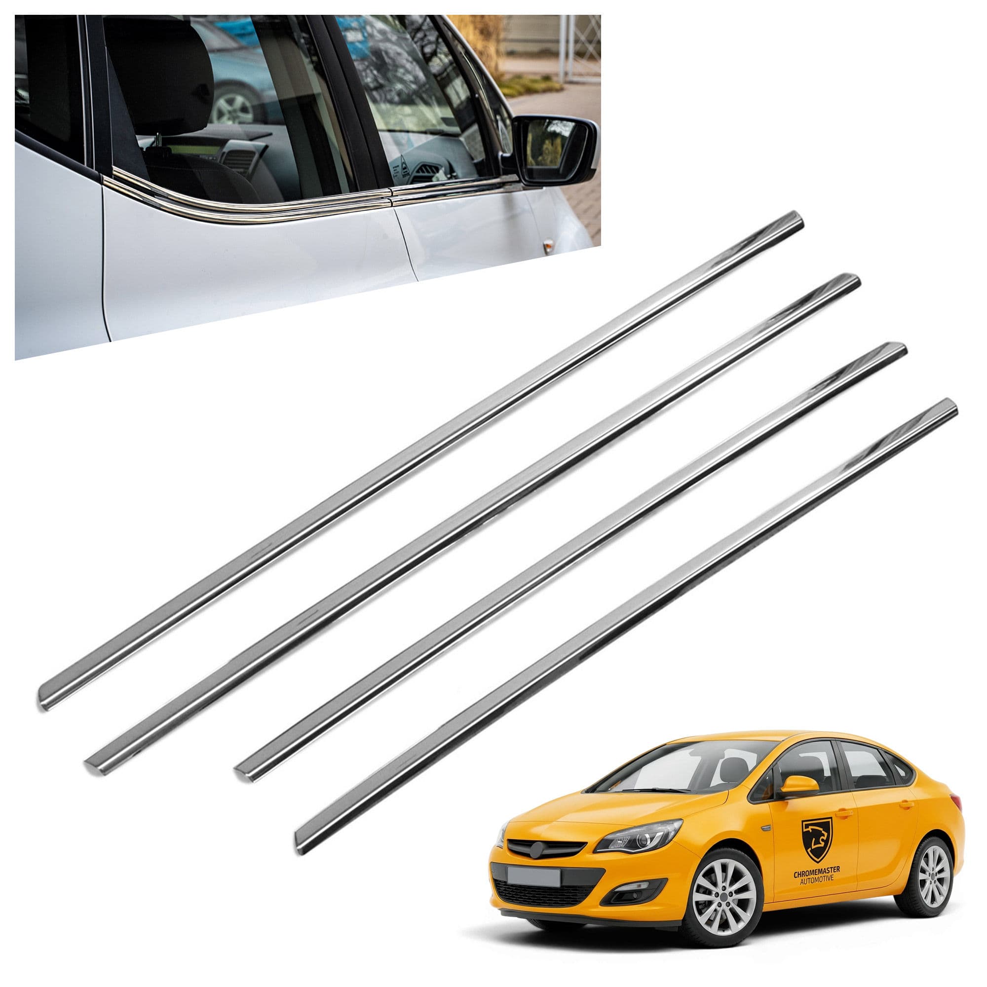 Lower side window trims — Chrome, Stainless steel, Polished