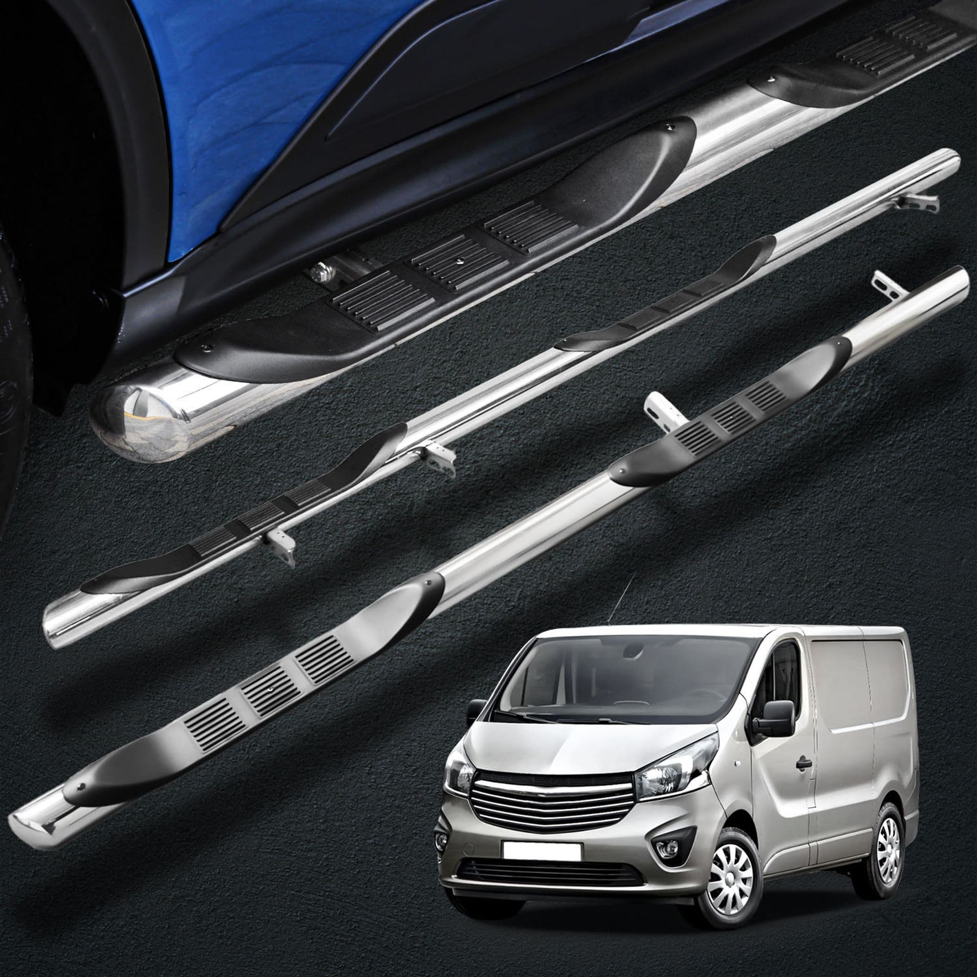 Side bars with steps BB005 — Chrome, Steel, Polished