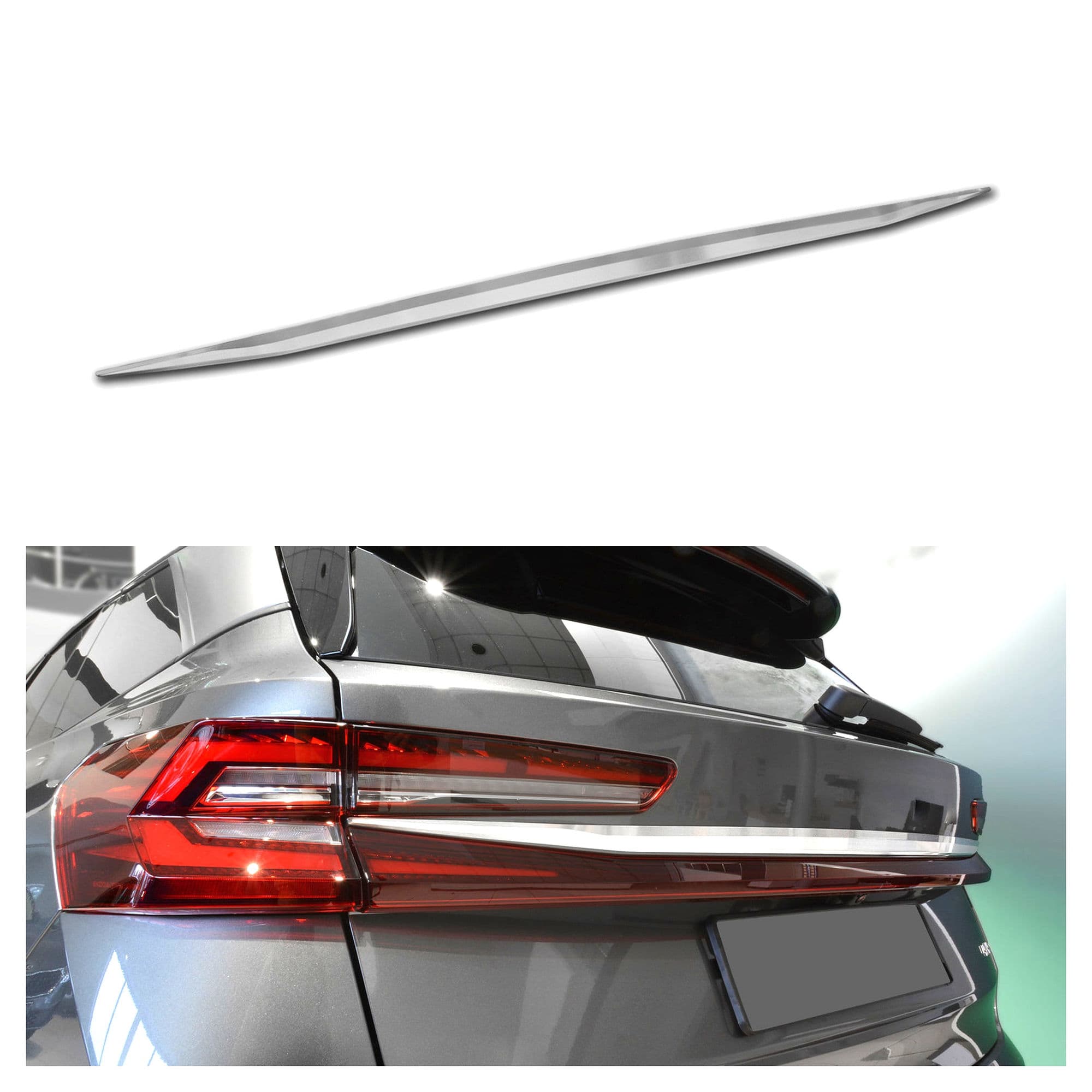 Rear tailgate trim above the license plate — Silver, Stainless steel, Brushed