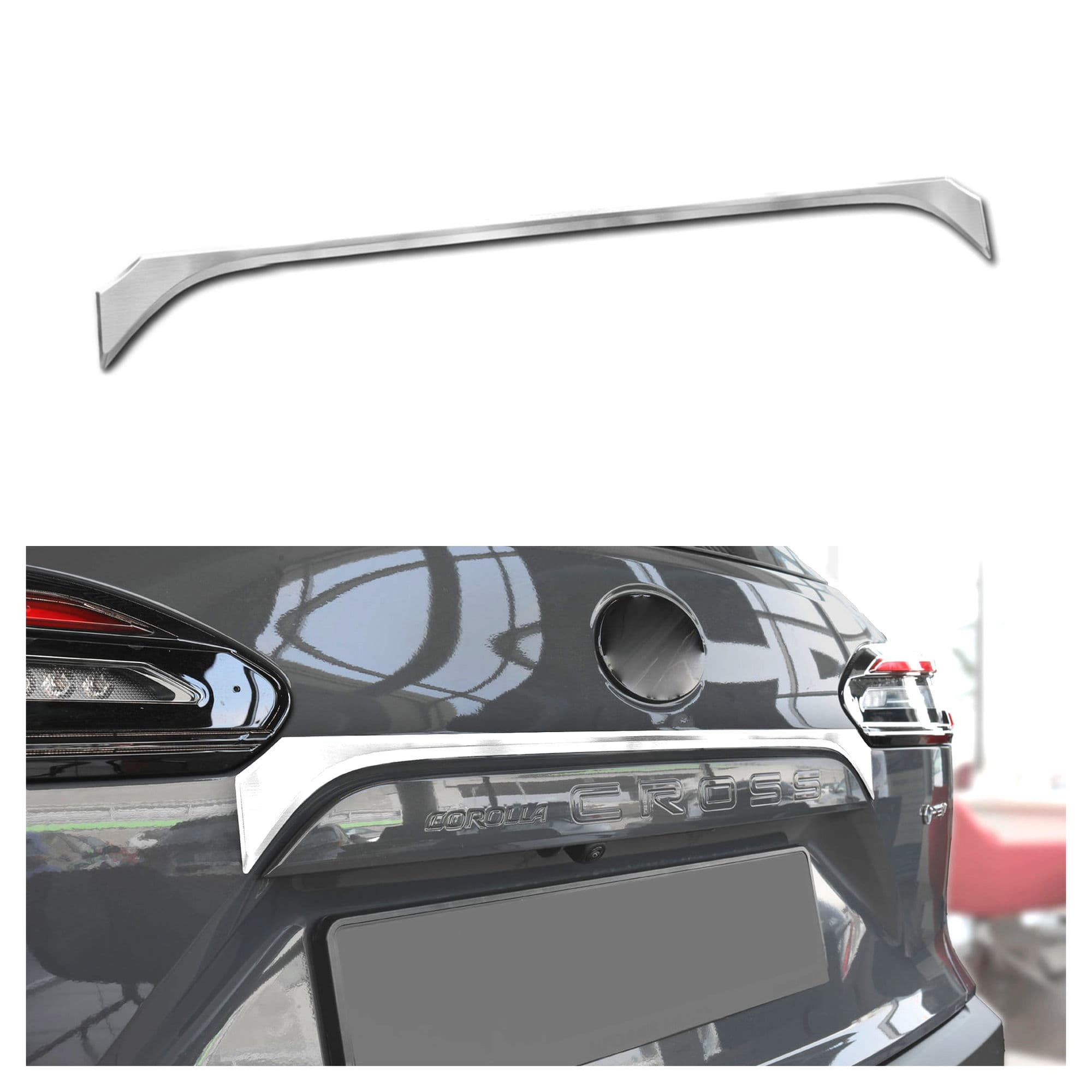 Rear tailgate trim above the license plate — Silver, Stainless steel, Brushed