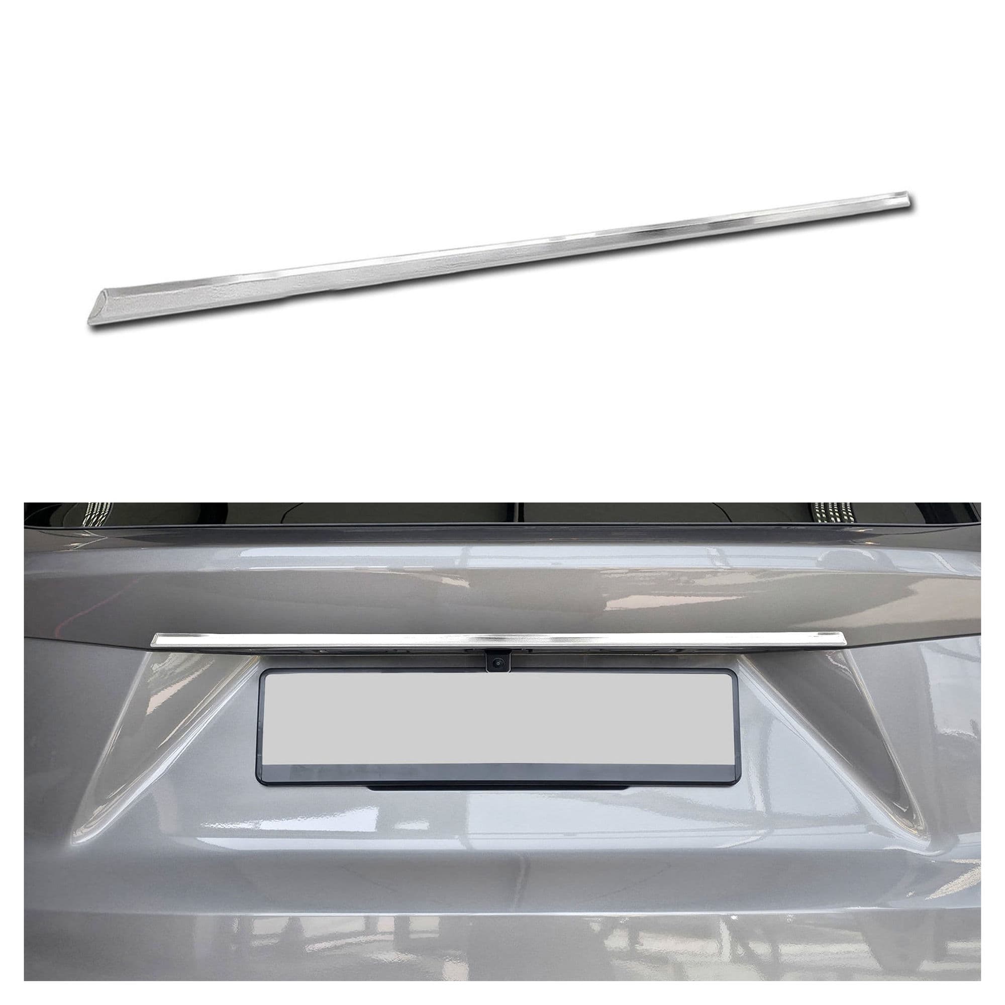 Rear tailgate trim above the license plate — Silver, Stainless steel, Brushed