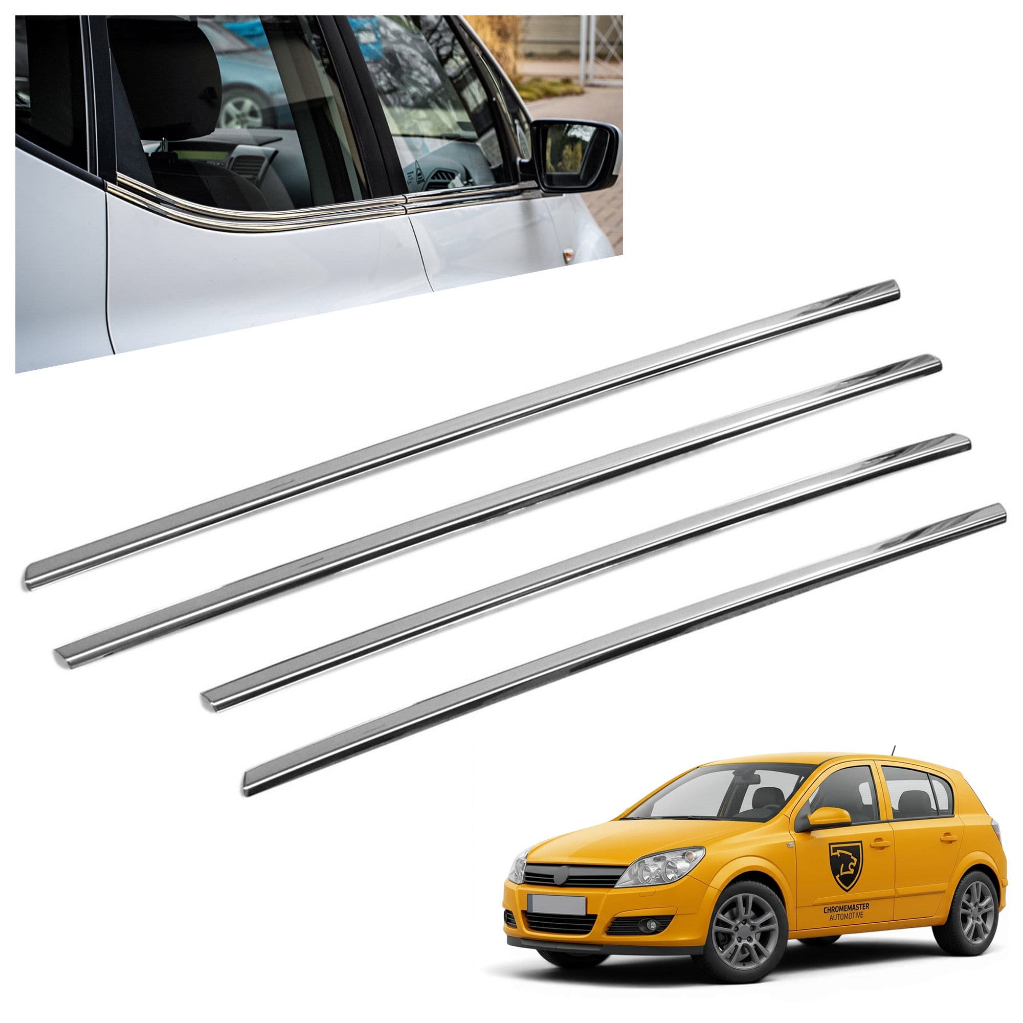Lower side window trims — Chrome, Stainless steel, Polished