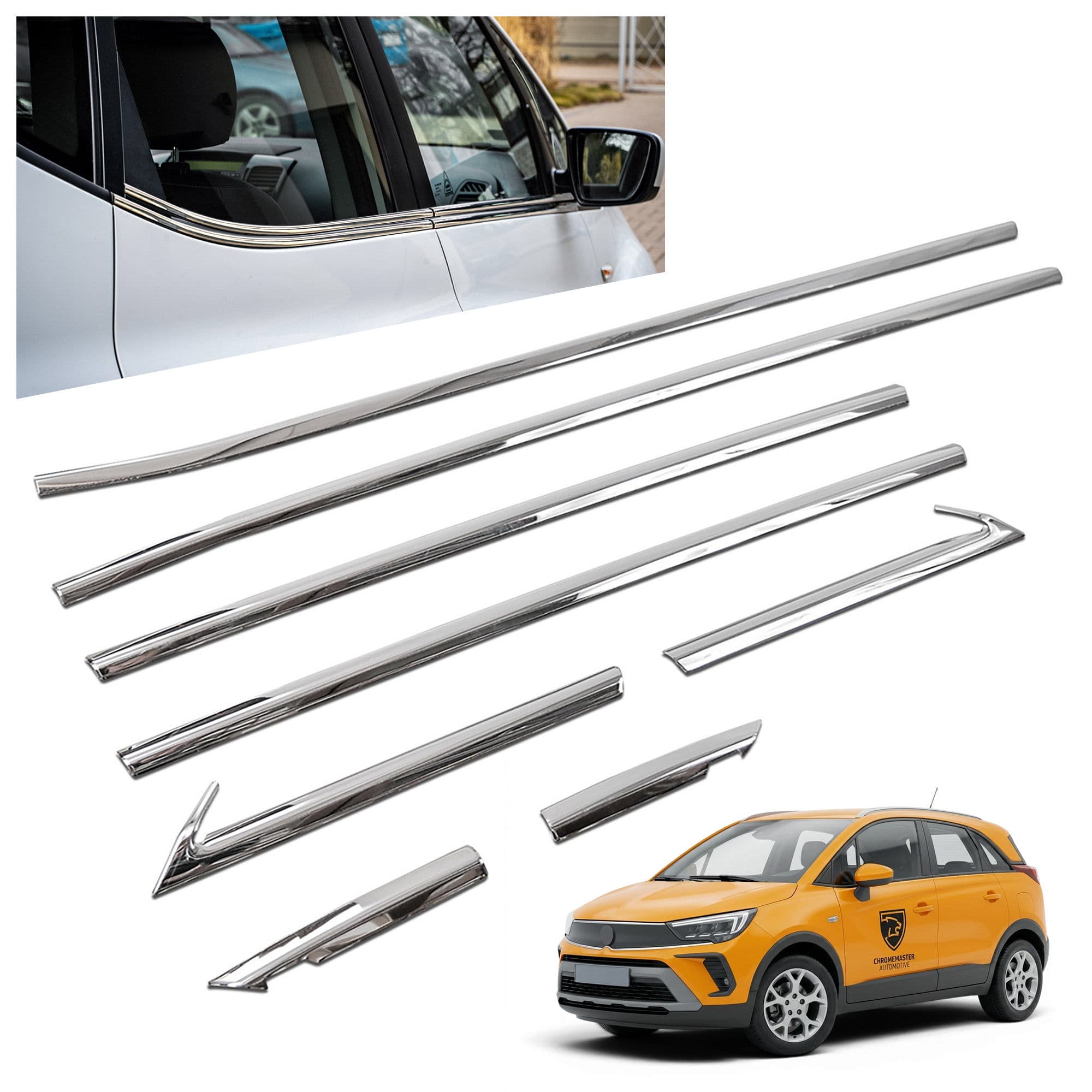 Lower side window trims — Chrome, Stainless steel, Polished