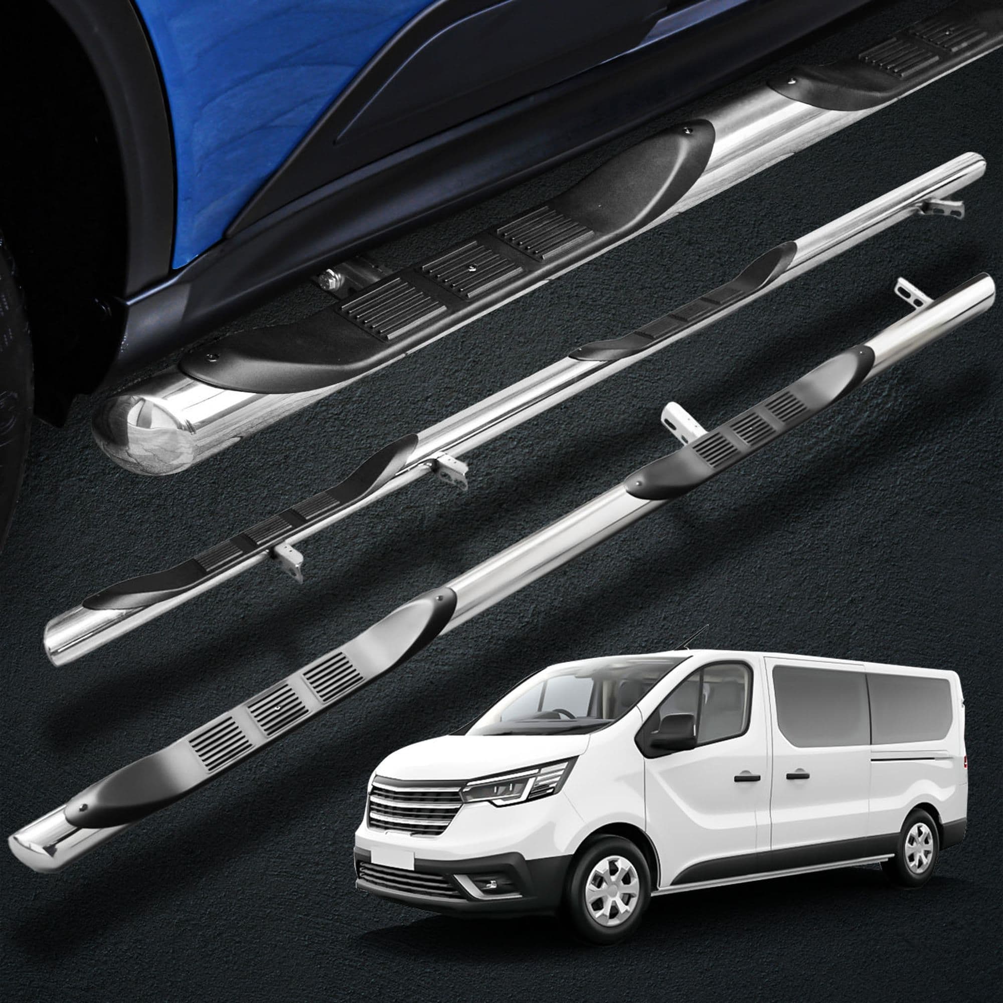 Side bars with steps BB005 — Chrome, Steel, Polished