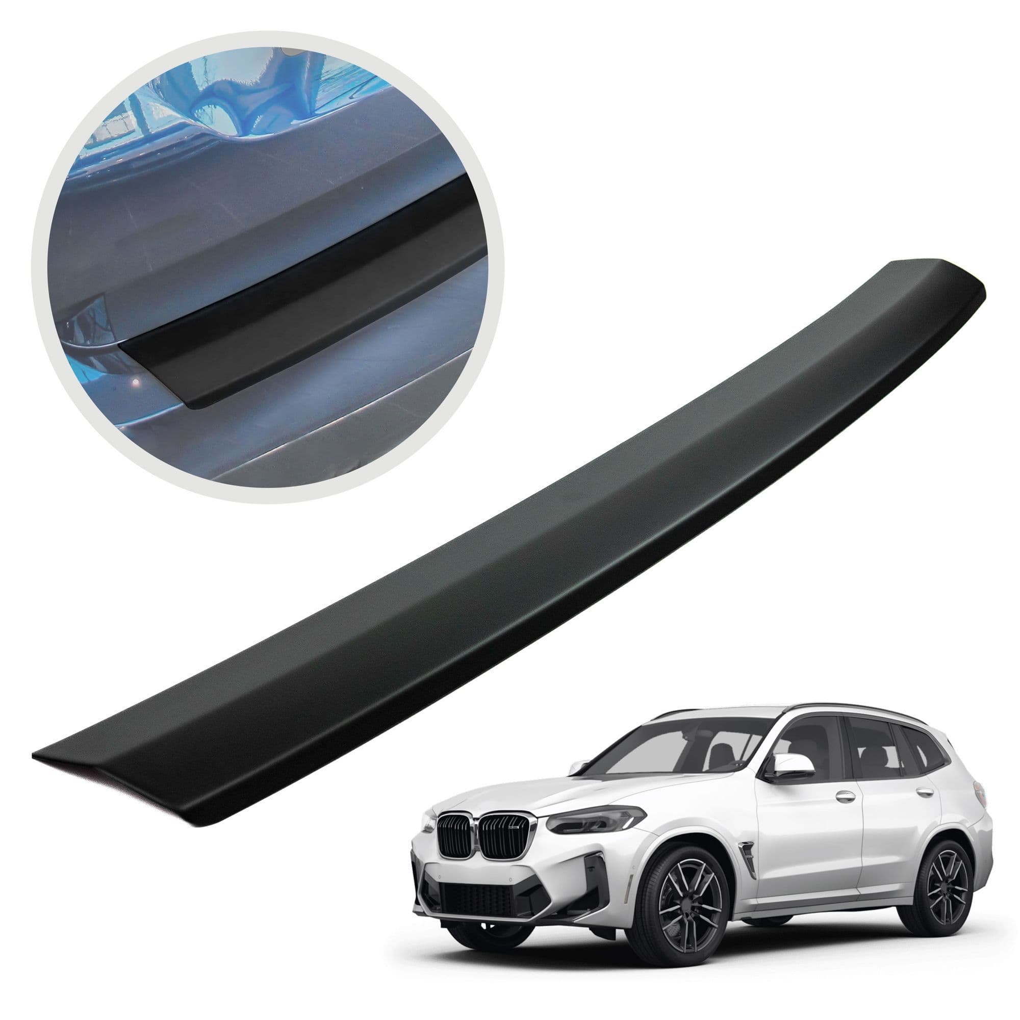 Rear bumper trim — Black, ABS plastic, Matte